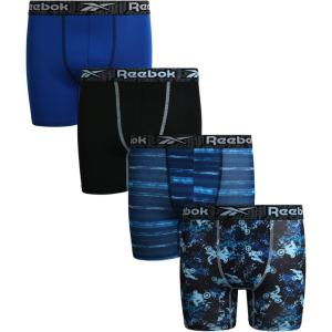 imageReebok Boys Boxer Briefs  4 Pack Performance Stretch Breathable Athletic Underwear Boxers for Boys Sizes 618Black PrintBlueBlackBlue Print
