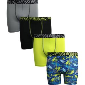 imageReebok Boys Boxer Briefs  4 Pack Performance Stretch Breathable Athletic Underwear Boxers for Boys Sizes 618GreyBlackBright YellowBlue Print