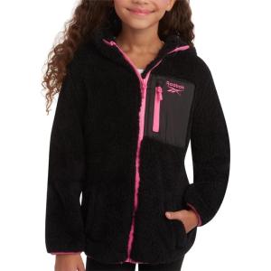 imageReebok Girls Fleece Jacket  Full Zip Sherpa Fleece Hooded Sweatshirt Jacket  Faux Fur Teddy Coat for Girls 716Jet Black