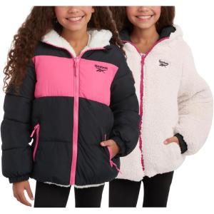 imageReebok Girls Winter Jacket  Reversible Quilted Puffer Coat with Sherpa Fleece Lining  Reversible Jacket for Girls 416Black