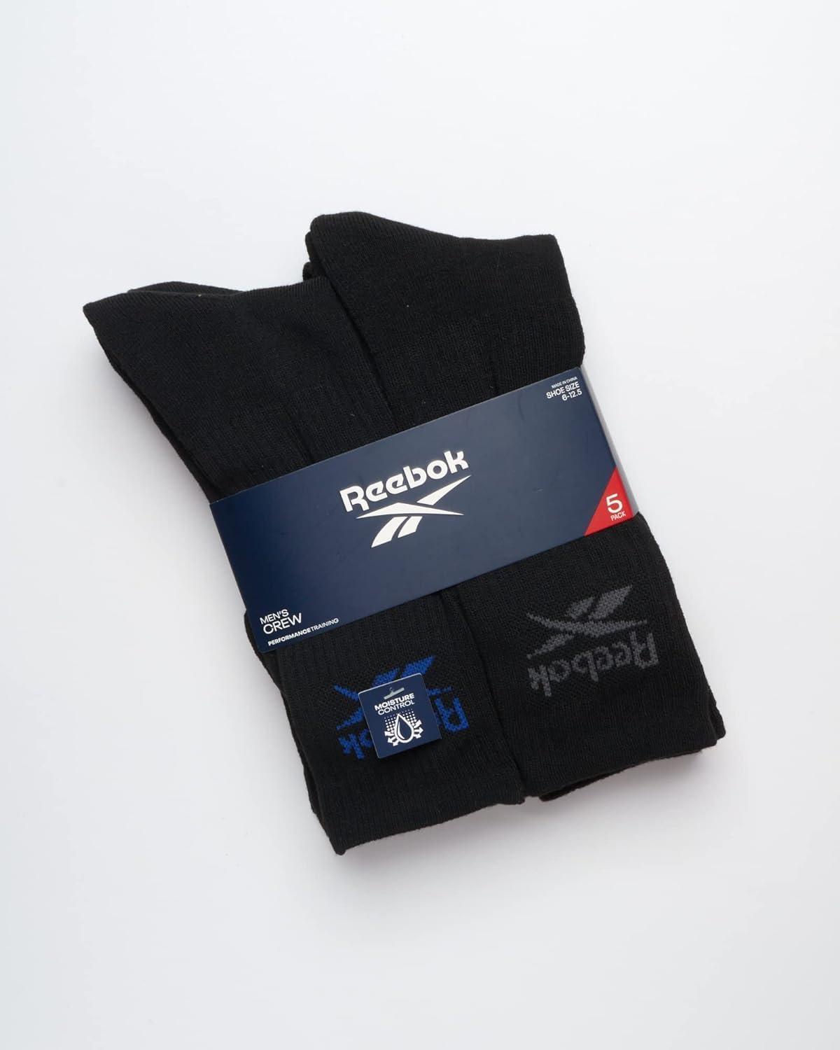 imageReebok Mens Athletic Crew Socks  5 Pack Moisture Wicking Cushioned Athletic Socks for Men with Reinforced Seams 6125All Black