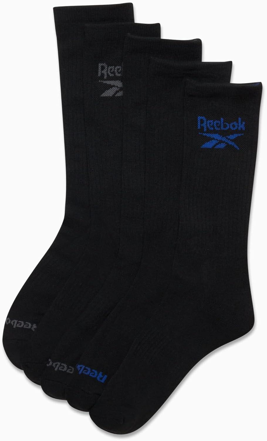imageReebok Mens Athletic Crew Socks  5 Pack Moisture Wicking Cushioned Athletic Socks for Men with Reinforced Seams 6125All Black