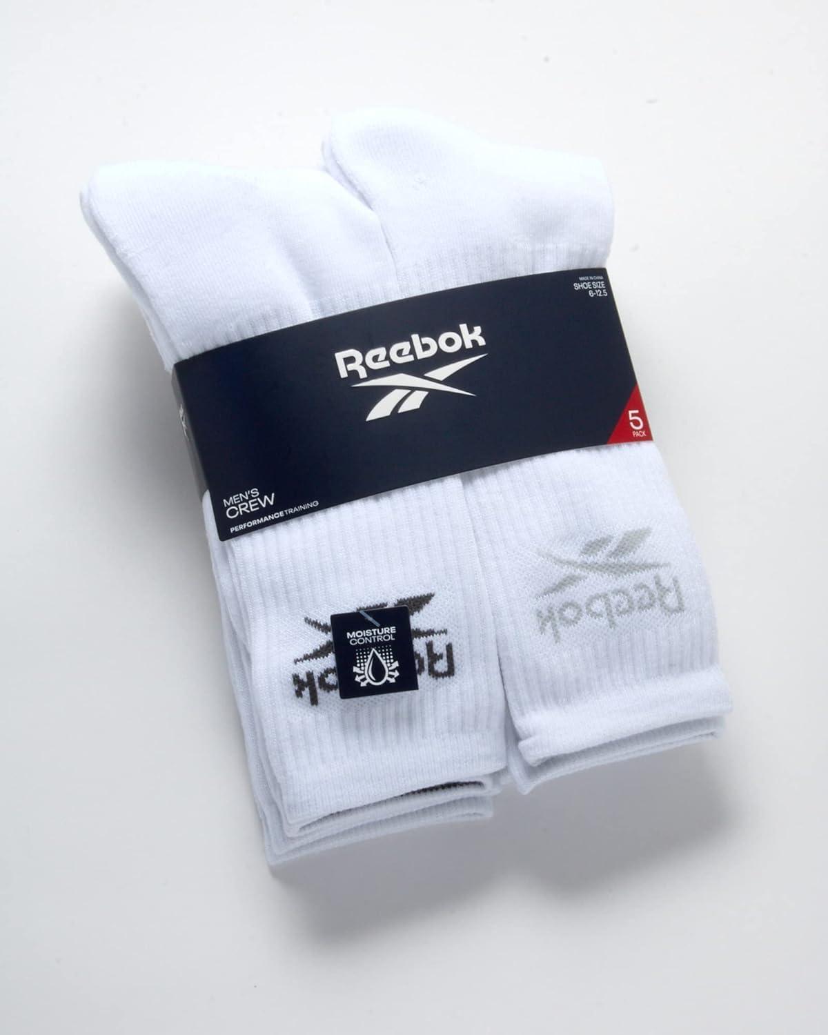 imageReebok Mens Athletic Crew Socks  5 Pack Moisture Wicking Cushioned Athletic Socks for Men with Reinforced Seams 6125All White