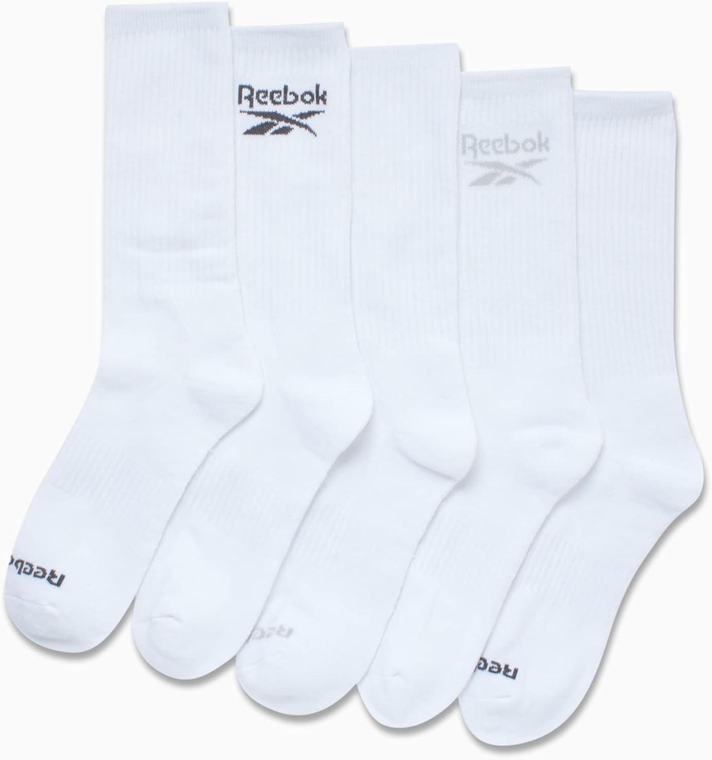 imageReebok Mens Athletic Crew Socks  5 Pack Moisture Wicking Cushioned Athletic Socks for Men with Reinforced Seams 6125All White