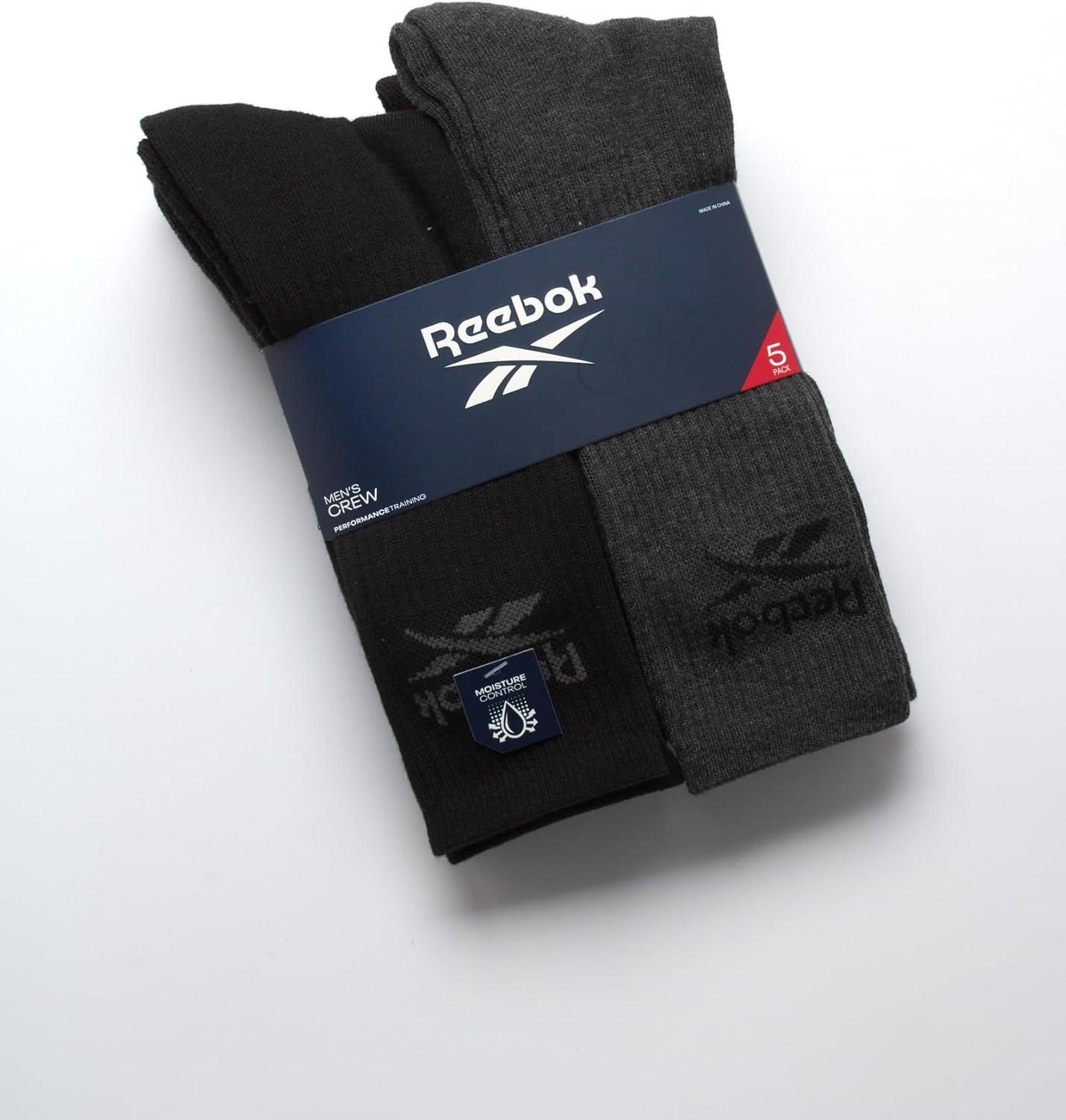 imageReebok Mens Athletic Crew Socks  5 Pack Moisture Wicking Cushioned Athletic Socks for Men with Reinforced Seams 6125BlackGrey Logo