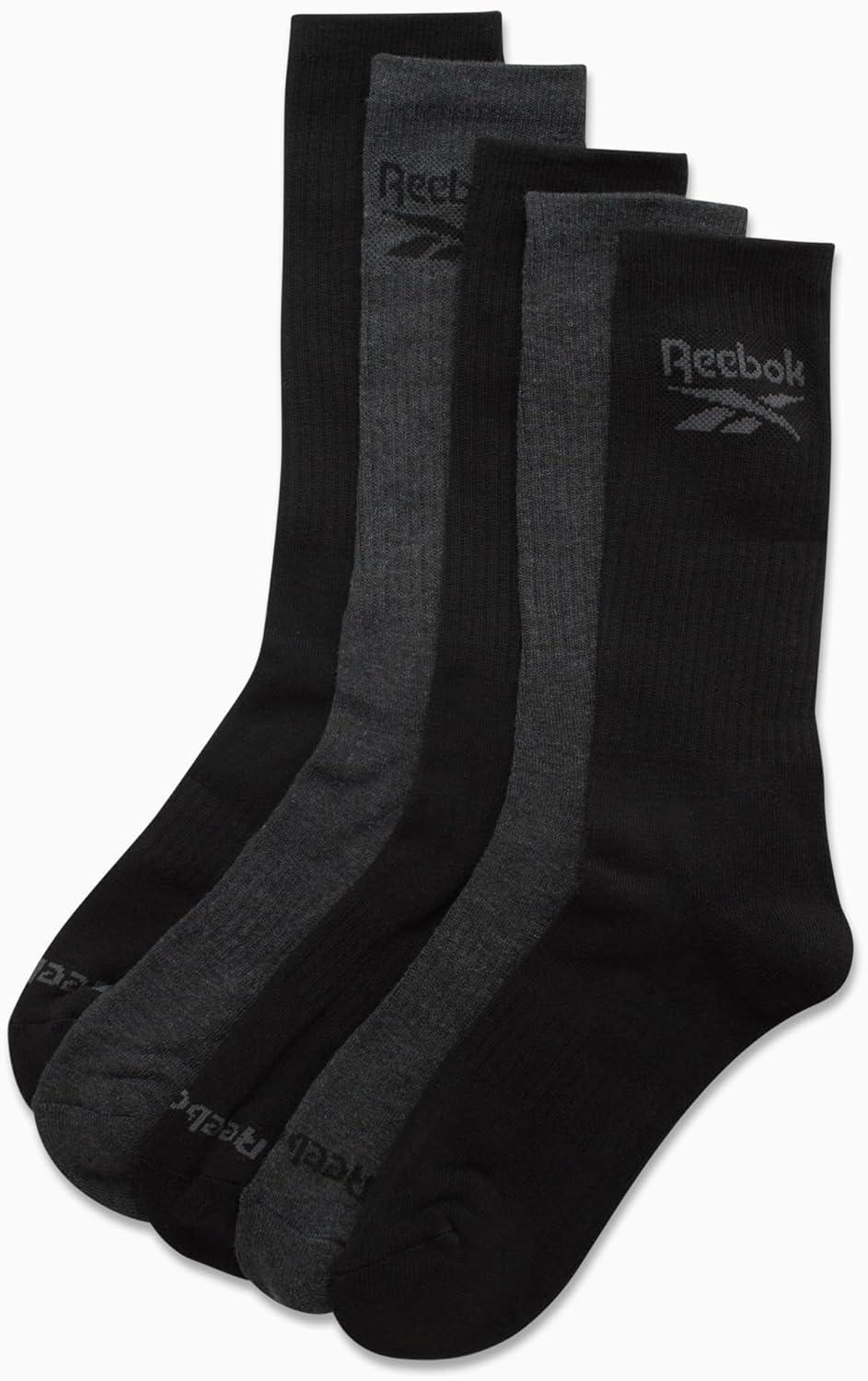 imageReebok Mens Athletic Crew Socks  5 Pack Moisture Wicking Cushioned Athletic Socks for Men with Reinforced Seams 6125BlackGrey Logo