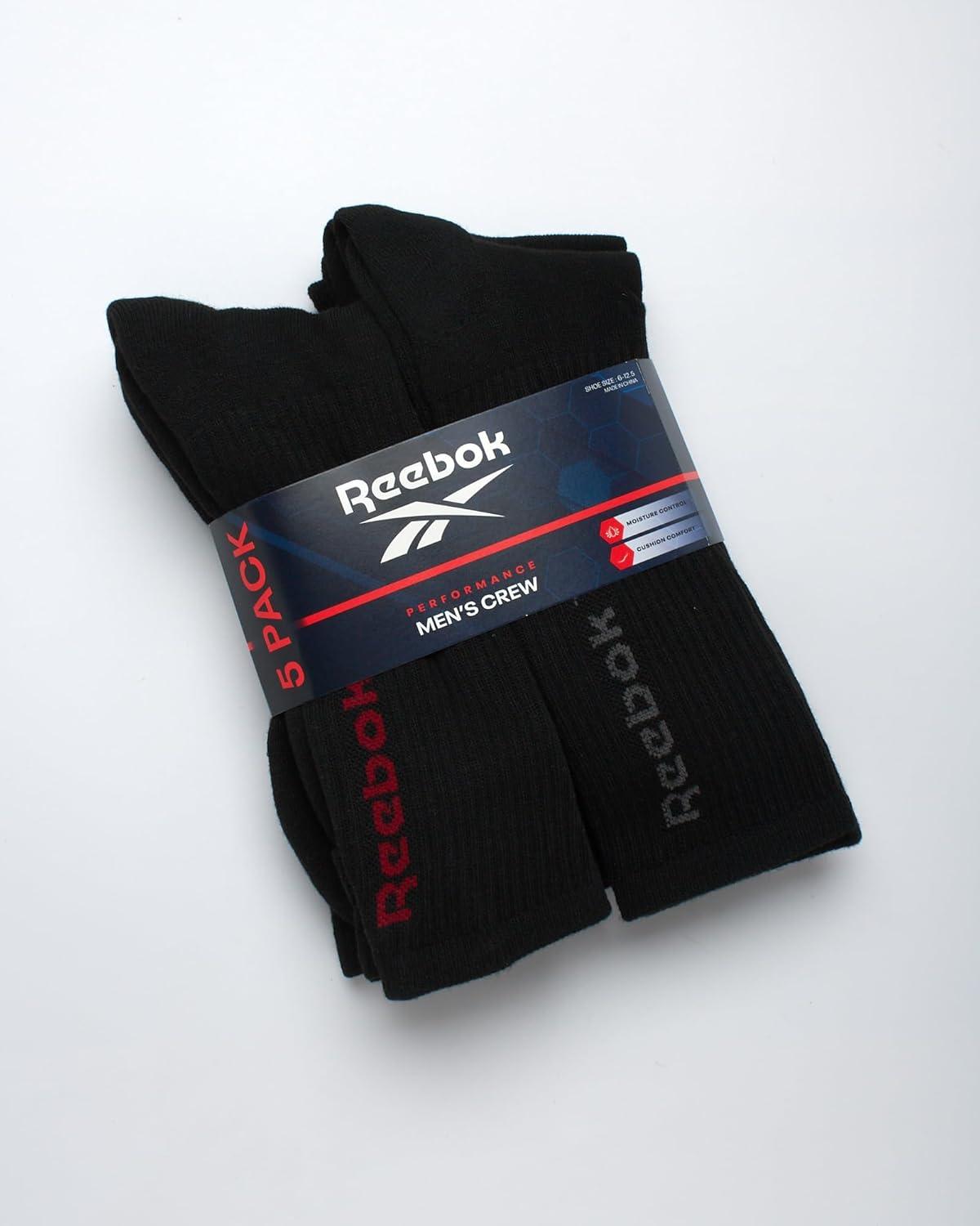 imageReebok Mens Athletic Crew Socks  5 Pack Moisture Wicking Cushioned Athletic Socks for Men with Reinforced Seams 6125BlackRed Logo