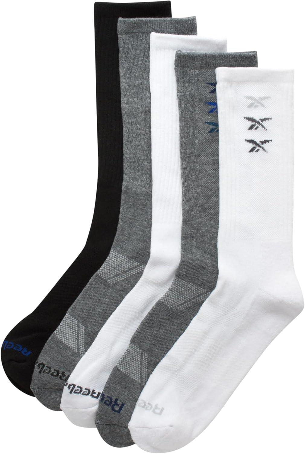imageReebok Mens Athletic Crew Socks  5 Pack Moisture Wicking Cushioned Athletic Socks for Men with Reinforced Seams 6125BlackWhiteGrey