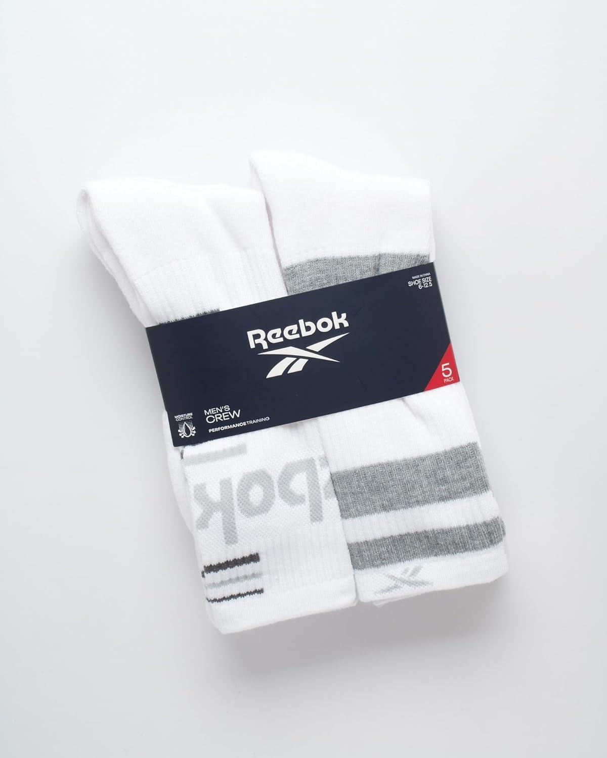 imageReebok Mens Athletic Crew Socks  5 Pack Moisture Wicking Cushioned Athletic Socks for Men with Reinforced Seams 6125Bright White