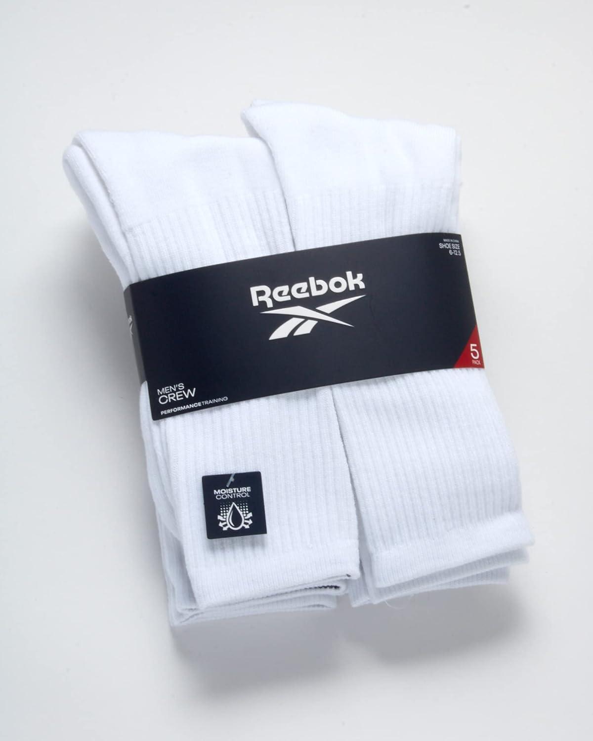imageReebok Mens Athletic Crew Socks  5 Pack Moisture Wicking Cushioned Athletic Socks for Men with Reinforced Seams 6125Classic White