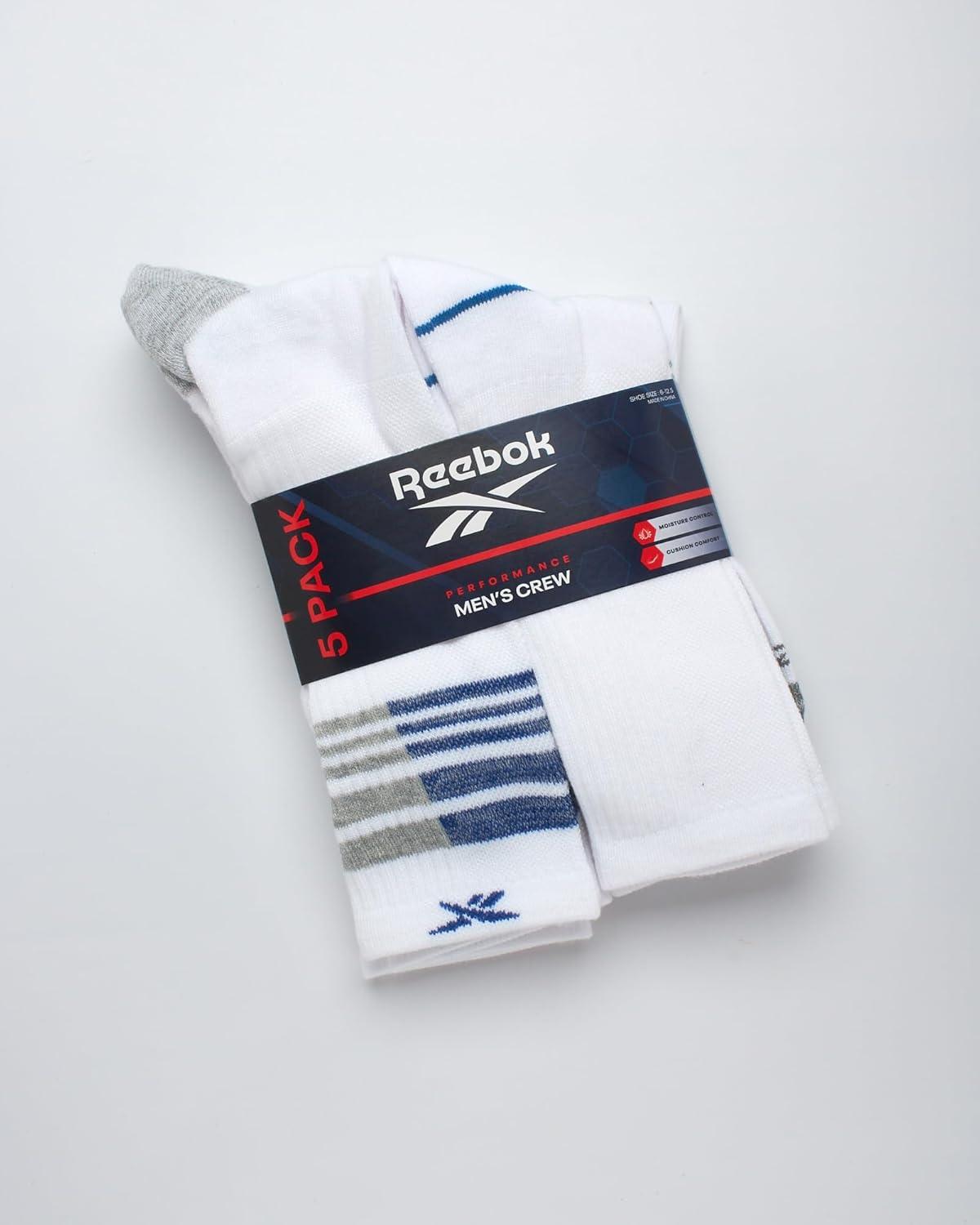 imageReebok Mens Athletic Crew Socks  5 Pack Moisture Wicking Cushioned Athletic Socks for Men with Reinforced Seams 6125Cool White