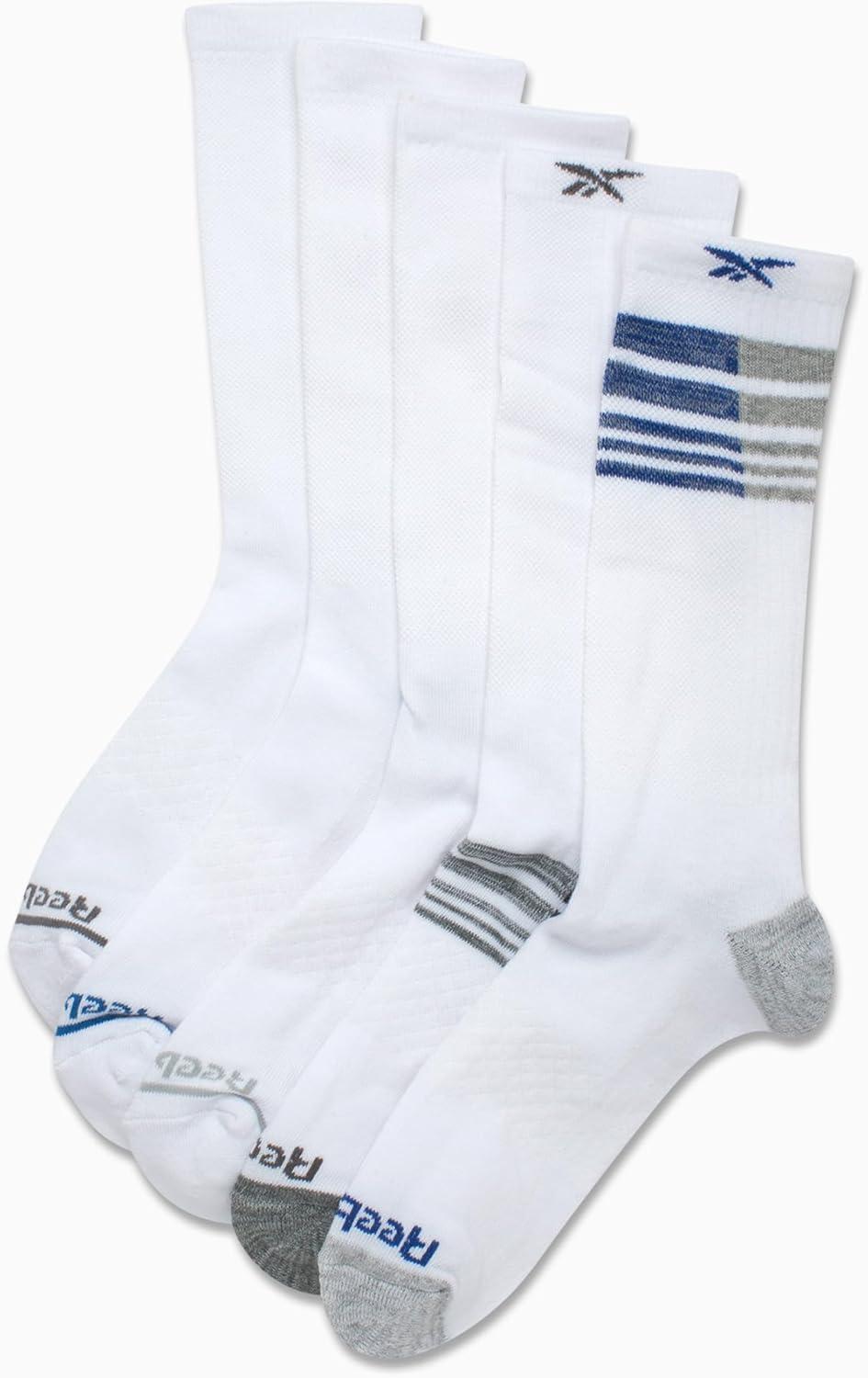 imageReebok Mens Athletic Crew Socks  5 Pack Moisture Wicking Cushioned Athletic Socks for Men with Reinforced Seams 6125Cool White