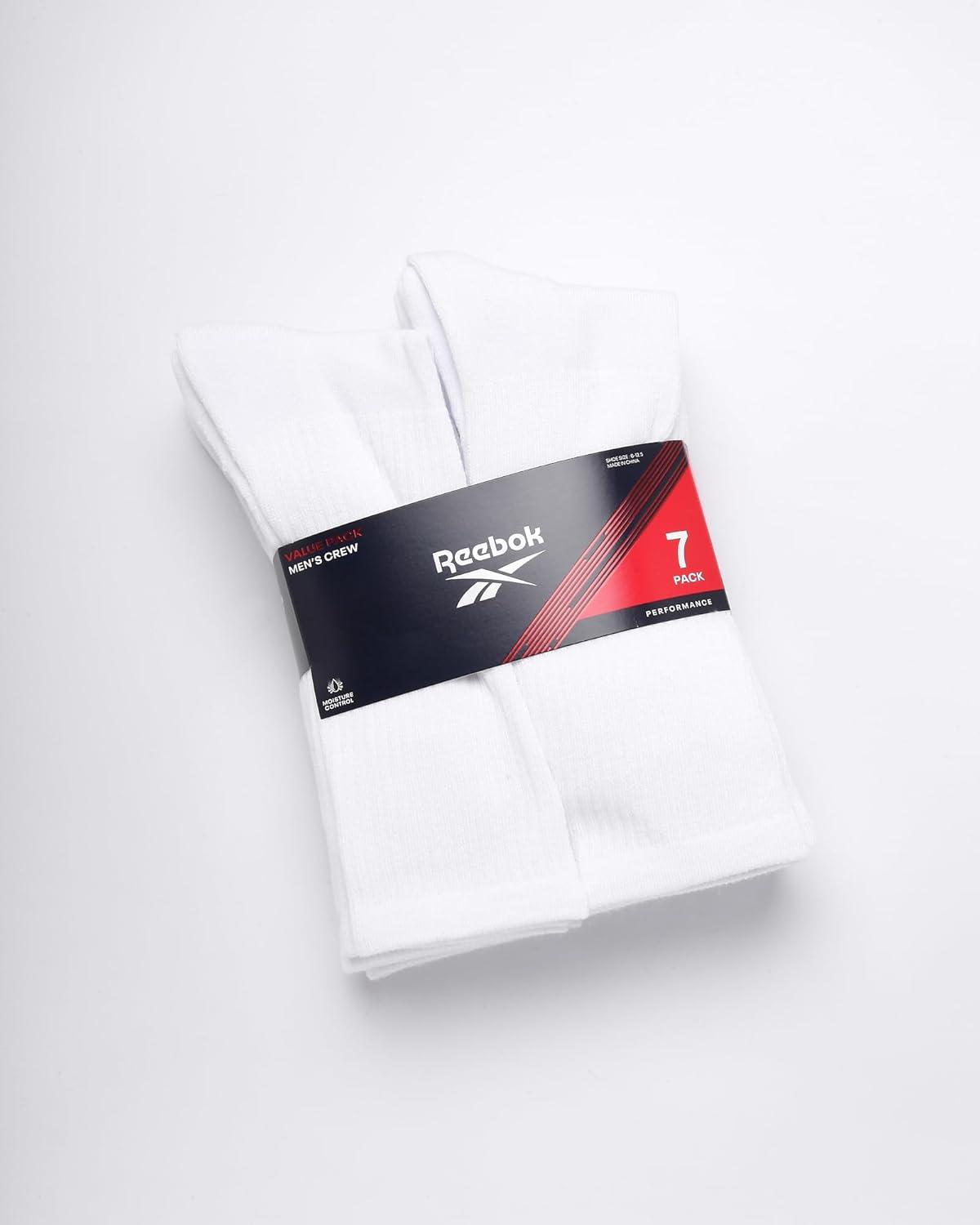 imageReebok Mens Athletic Crew Socks  5 Pack Moisture Wicking Cushioned Athletic Socks for Men with Reinforced Seams 6125White 7pk