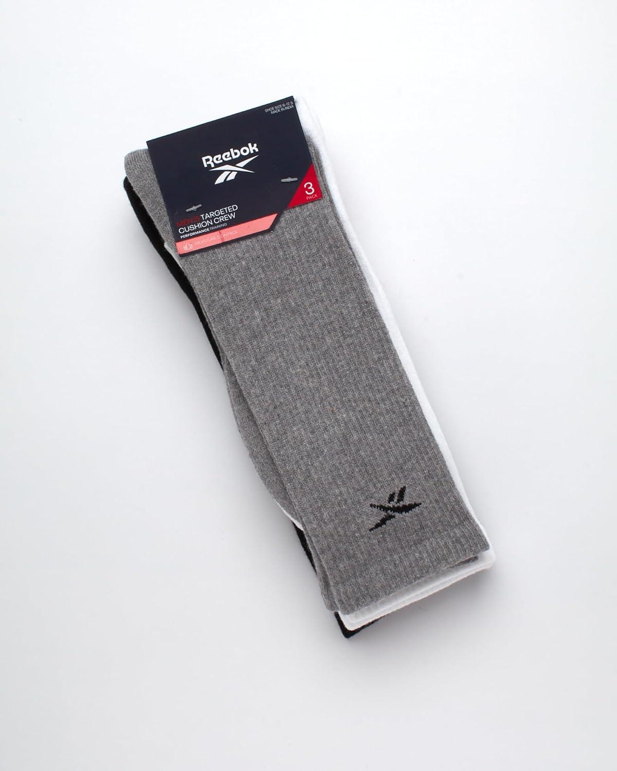 imageReebok Mens Athletic Socks  3 Pack Targeted Cushion Crew Socks  Breathable Cotton Blend Socks for Men Shoe Size 6125GreyWhiteBlack