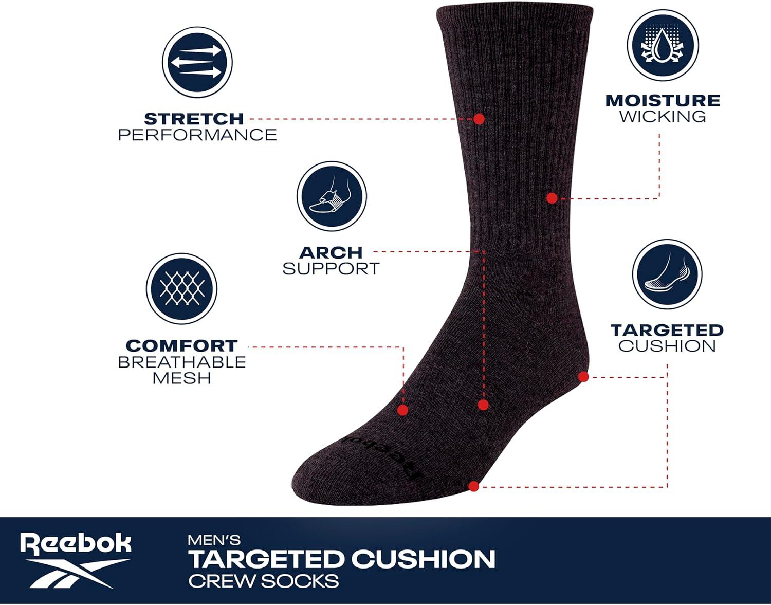 imageReebok Mens Athletic Socks  3 Pack Targeted Cushion Crew Socks  Breathable Cotton Blend Socks for Men Shoe Size 6125GreyWhiteBlack