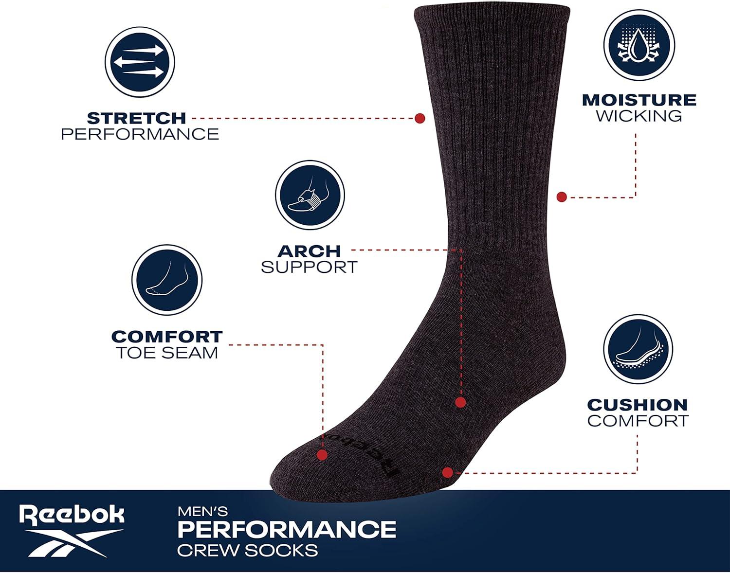 imageReebok Mens Crew Socks  10 Pack Stretch Performance Cushioned Crew Socks  Arch Support Athletic Socks for Men 6125All Black