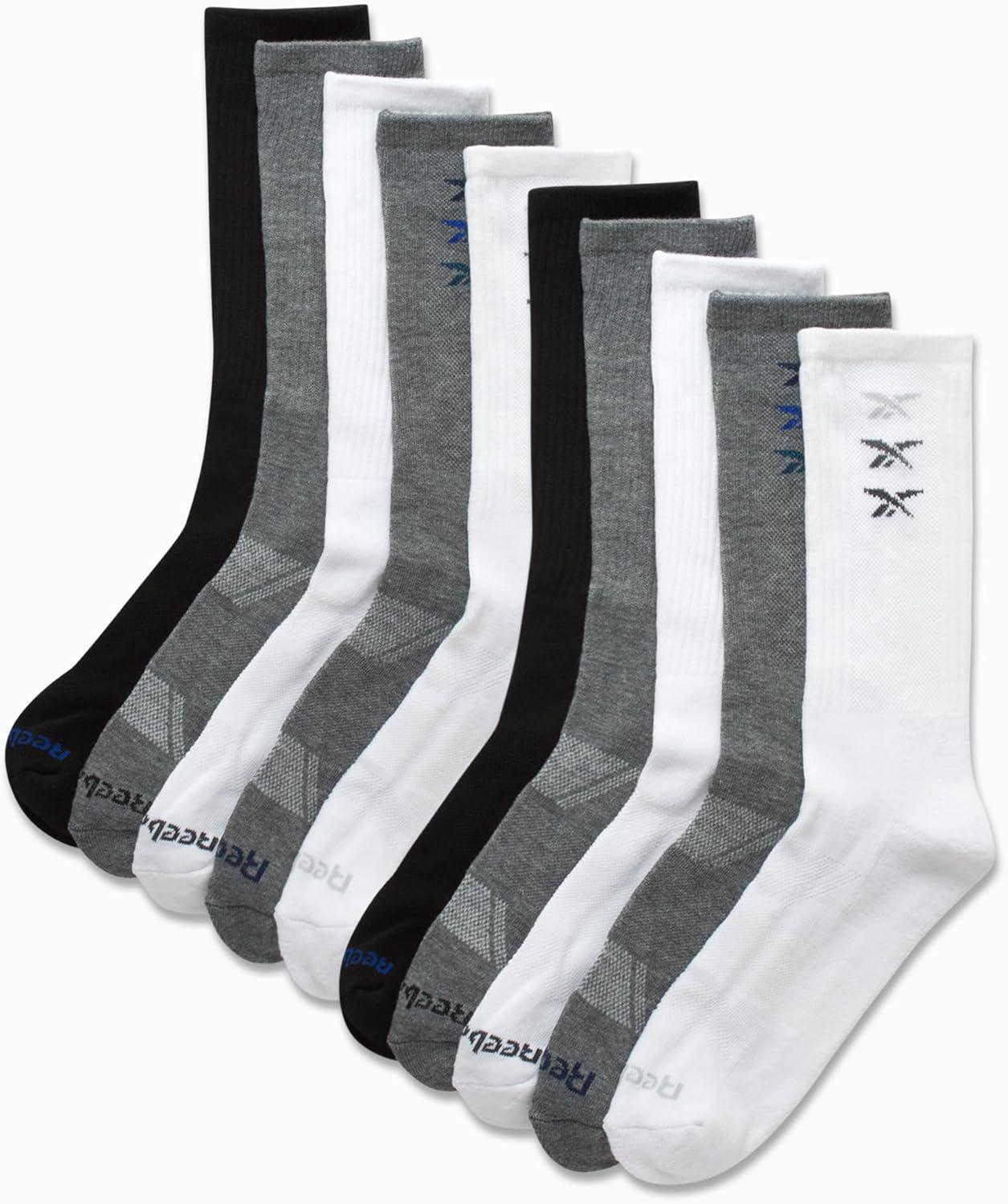 imageReebok Mens Crew Socks  10 Pack Stretch Performance Cushioned Crew Socks  Arch Support Athletic Socks for Men 6125BlackWhiteGrey