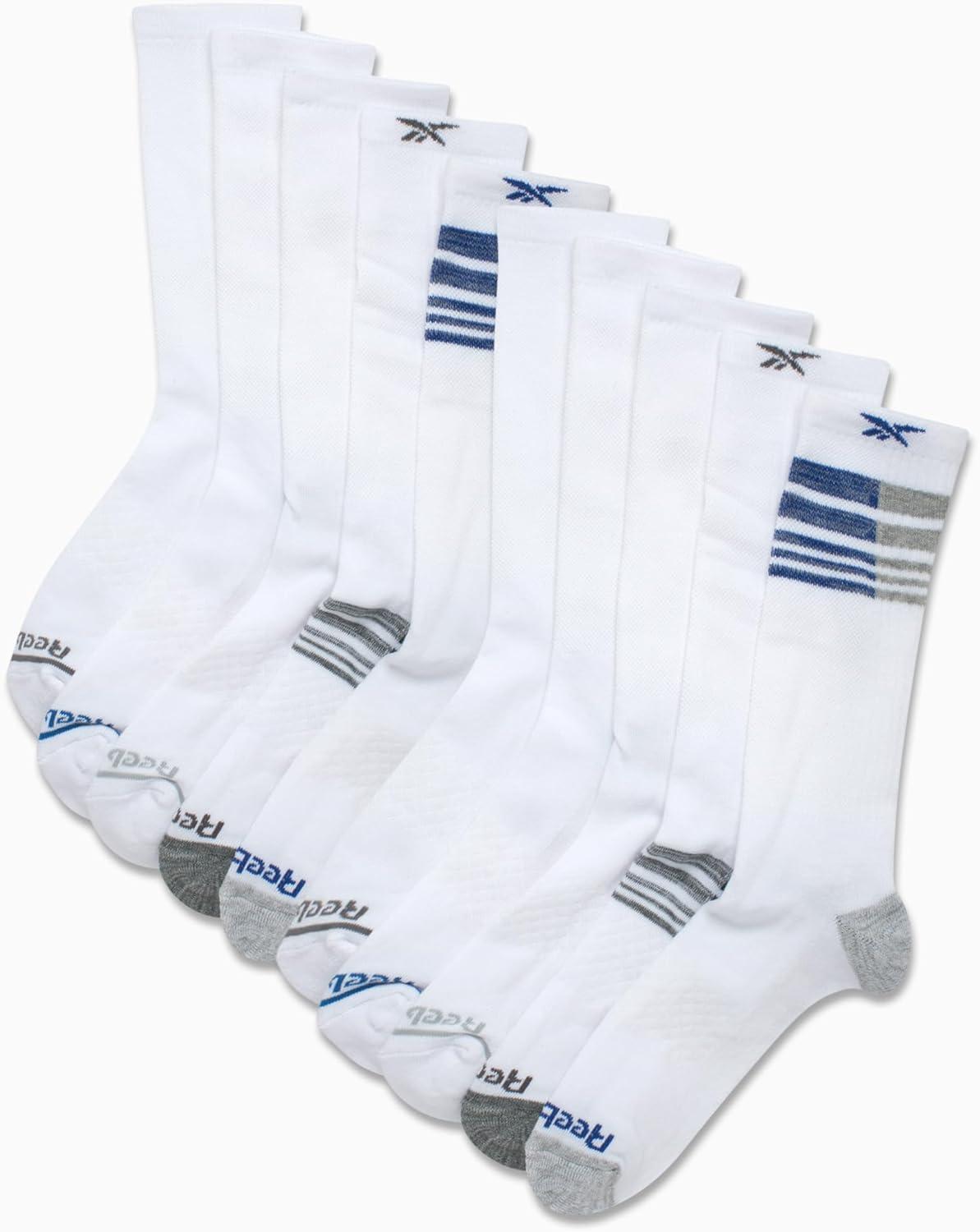imageReebok Mens Crew Socks  10 Pack Stretch Performance Cushioned Crew Socks  Arch Support Athletic Socks for Men 6125Cool White