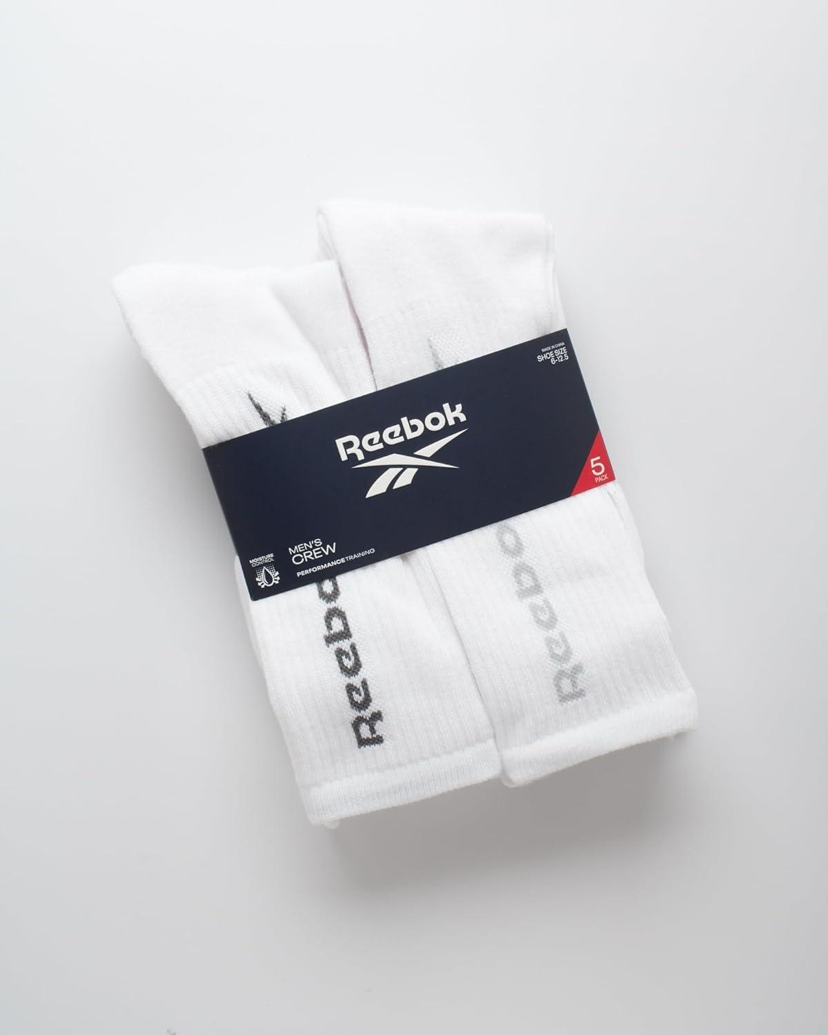 imageReebok Mens Crew Socks  5 Pack Breathable Cushioned MoistureWicking Athletic Performance Running Socks for Men 6125All White
