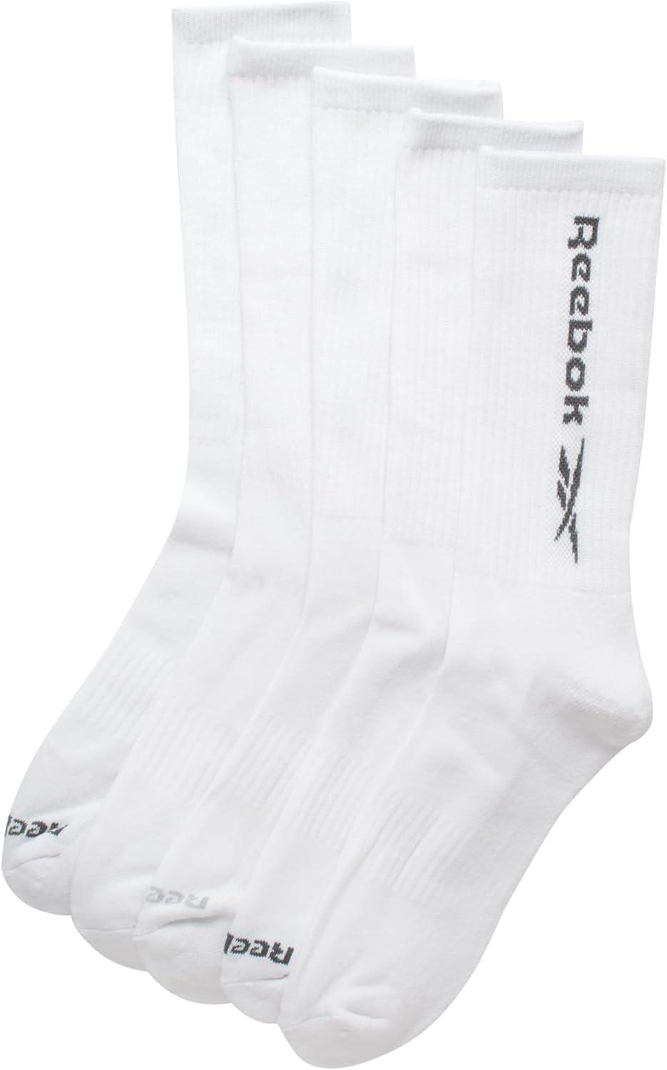 imageReebok Mens Crew Socks  5 Pack Breathable Cushioned MoistureWicking Athletic Performance Running Socks for Men 6125All White