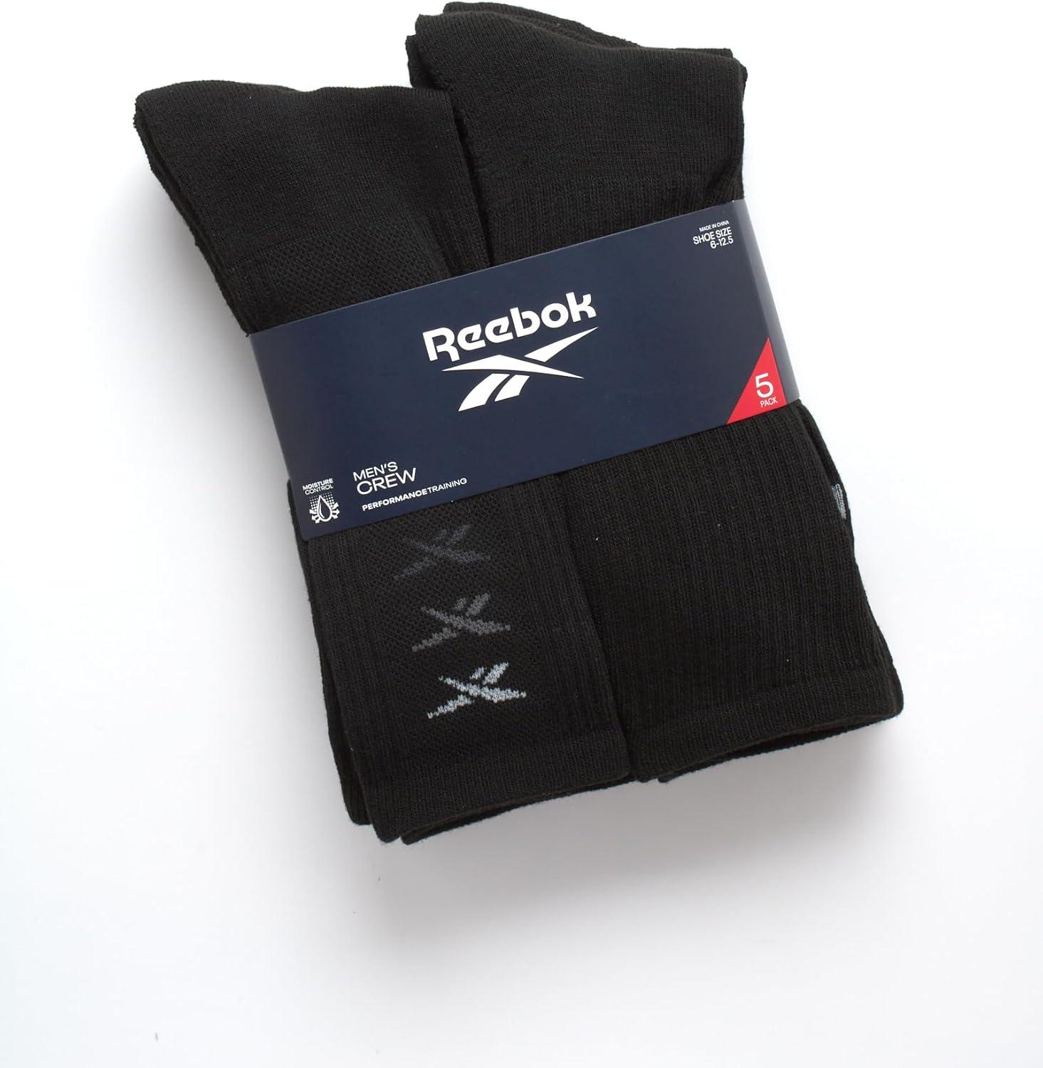 imageReebok Mens Crew Socks  5 Pack Breathable Cushioned MoistureWicking Athletic Performance Running Socks for Men 6125Black