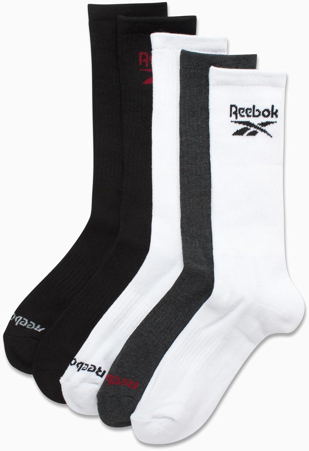 imageReebok Mens Crew Socks  5 Pack Breathable Cushioned MoistureWicking Athletic Performance Running Socks for Men 6125BlackwhiteGrey