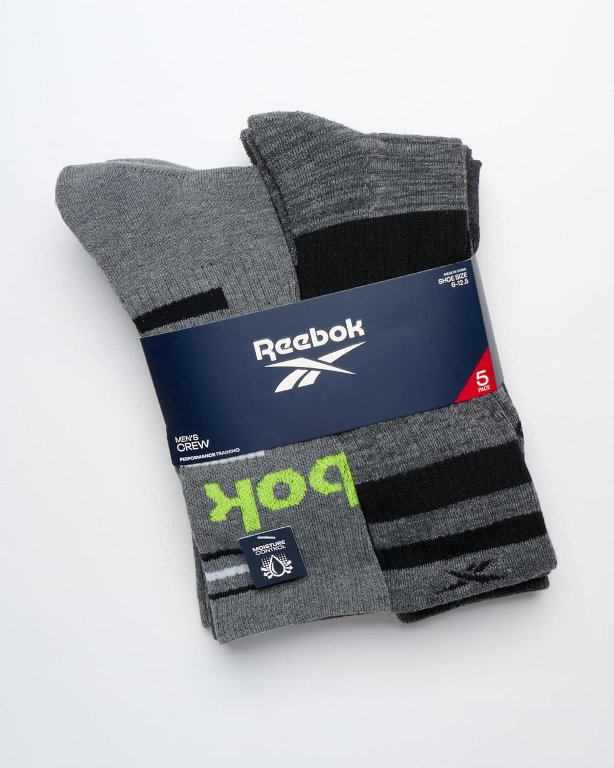 imageReebok Mens Crew Socks  5 Pack Breathable Cushioned MoistureWicking Athletic Performance Running Socks for Men 6125Grey Assorted