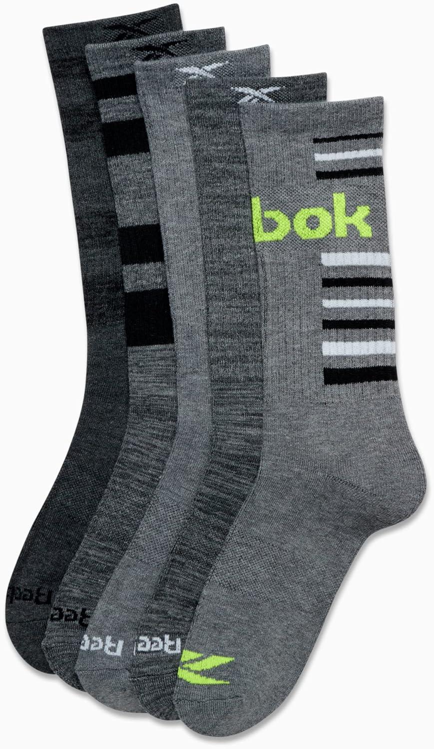 imageReebok Mens Crew Socks  5 Pack Breathable Cushioned MoistureWicking Athletic Performance Running Socks for Men 6125Grey Assorted