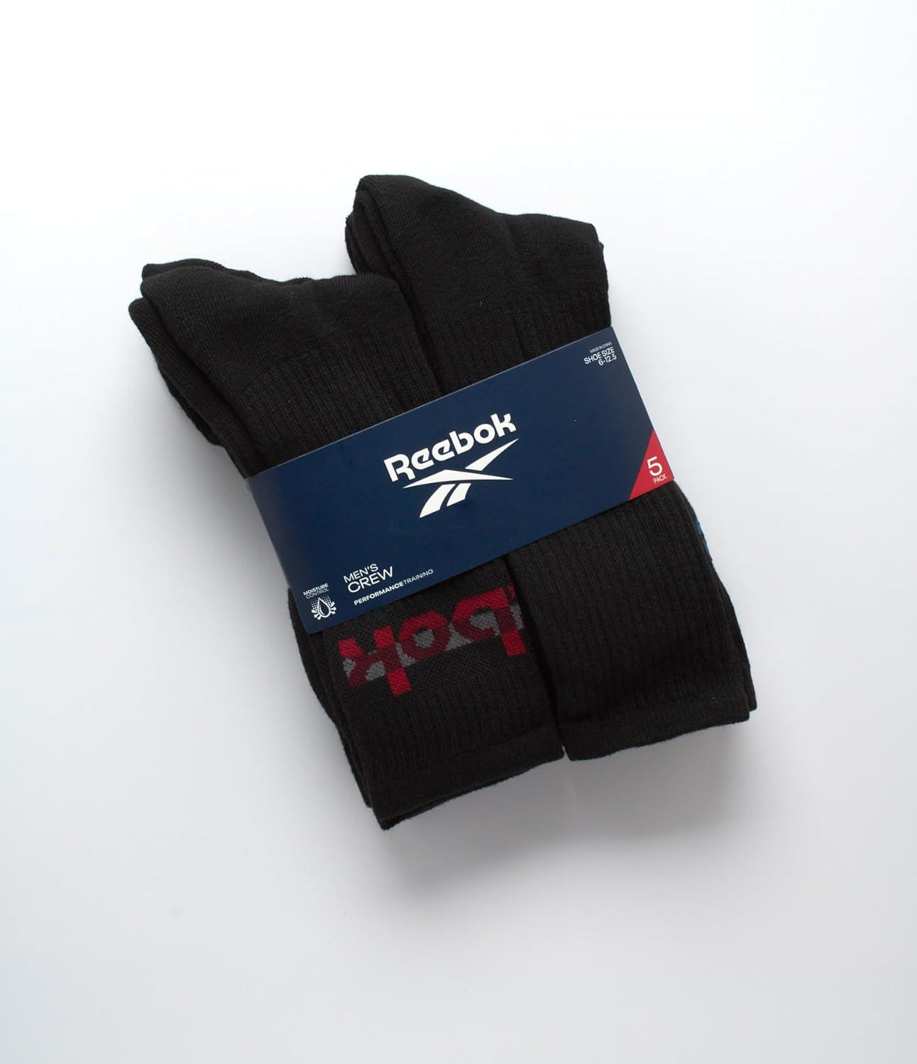 imageReebok Mens Crew Socks  5 Pack Breathable Cushioned MoistureWicking Athletic Performance Running Socks for Men 6125Pure Black