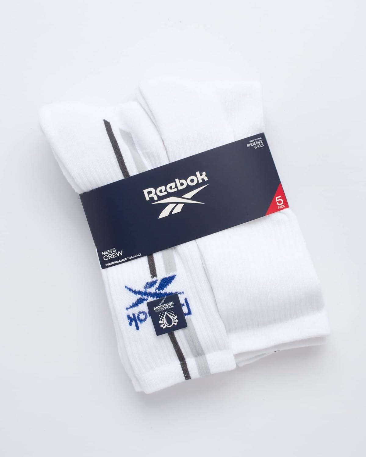 imageReebok Mens Crew Socks  5 Pack Breathable Cushioned MoistureWicking Athletic Performance Running Socks for Men 6125White