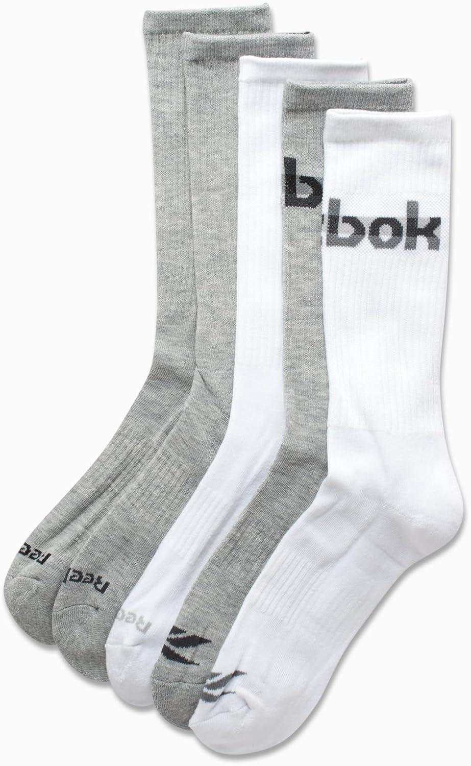 imageReebok Mens Crew Socks  5 Pack Breathable Cushioned MoistureWicking Athletic Performance Running Socks for Men 6125WhiteGrey
