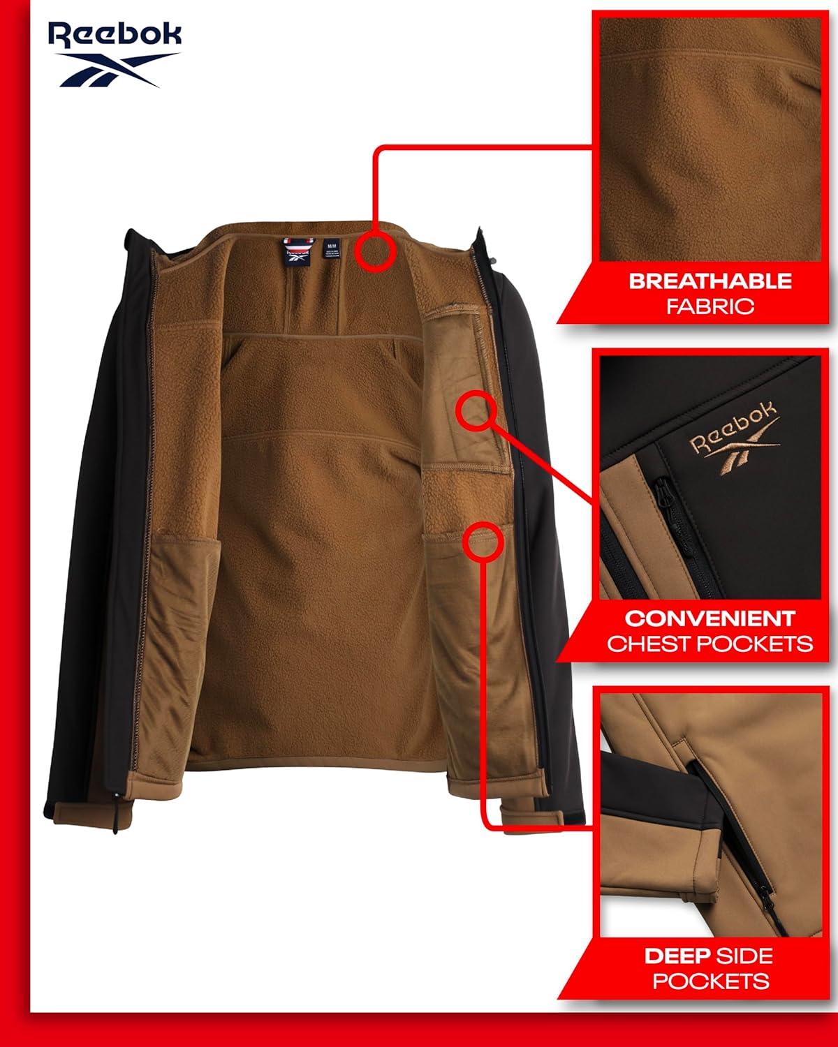 imageReebok Mens Jacket  Weather Resistant Fleece Lined Softshell Jacket Coat  Lightweight Casual Coat for Men MXXLDark Khaki
