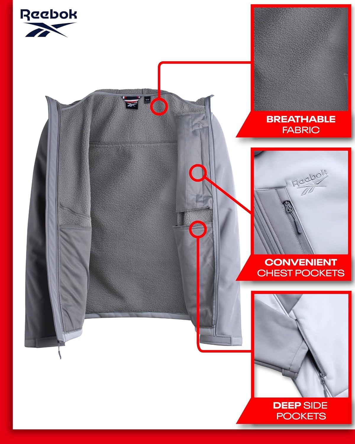 imageReebok Mens Jacket  Weather Resistant Fleece Lined Softshell Jacket Coat  Lightweight Casual Coat for Men MXXLGrey