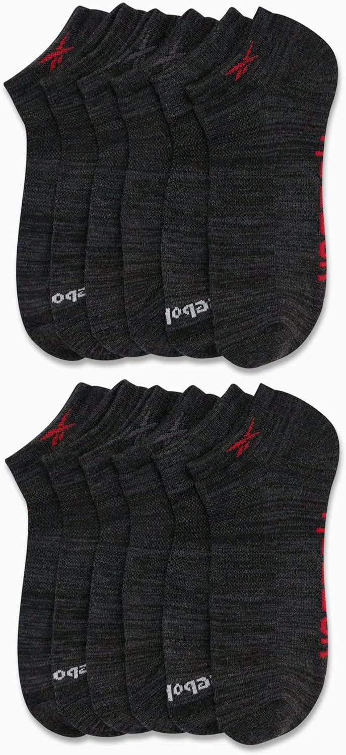imageReebok Mens Low Cut Socks  12 Pack Performance Cushion Comfort No Show Socks  Breathable Athletic Socks for Men 6125Black Logo