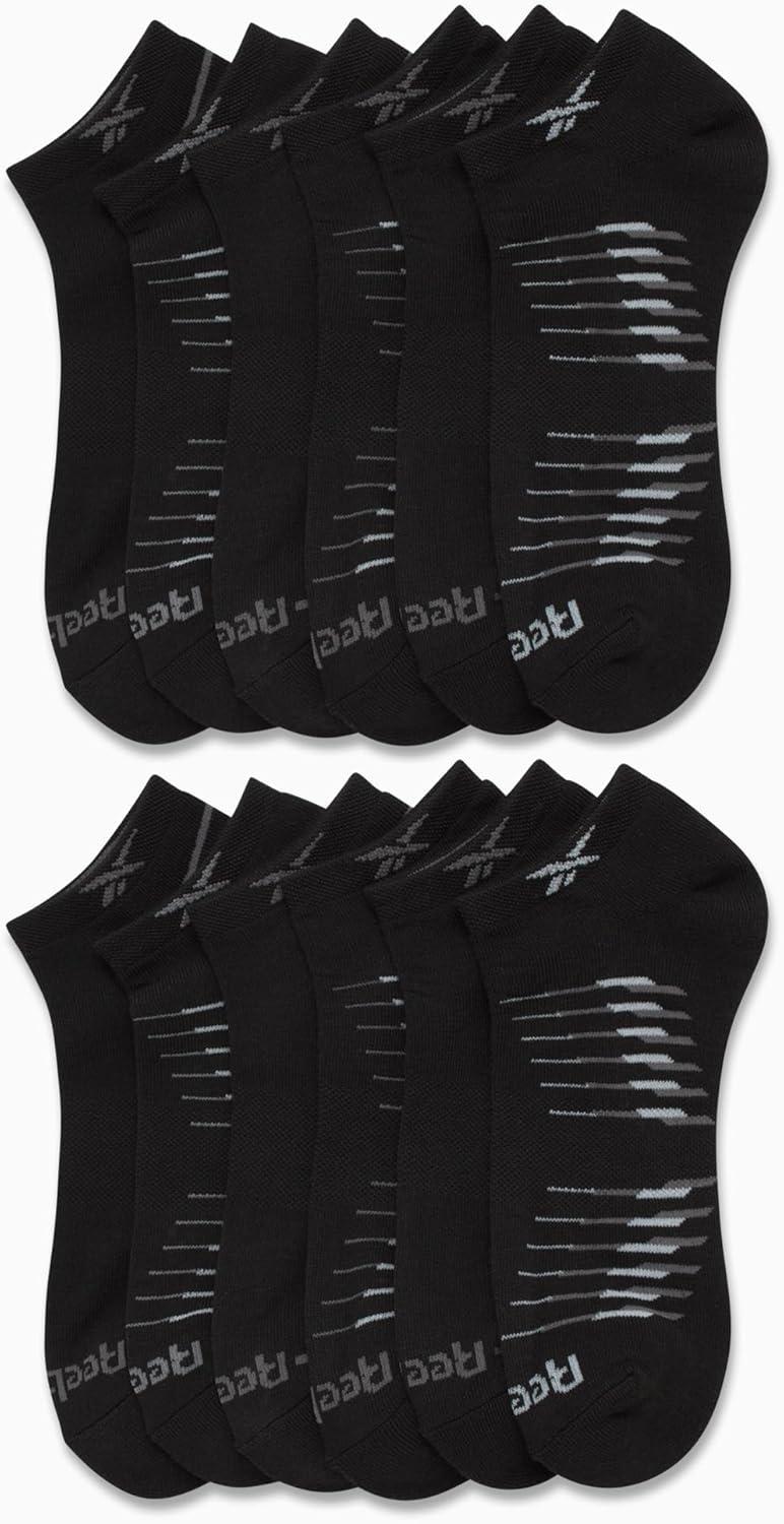 imageReebok Mens Low Cut Socks  12 Pack Performance Cushion Comfort No Show Socks  Breathable Athletic Socks for Men 6125Black Stripe