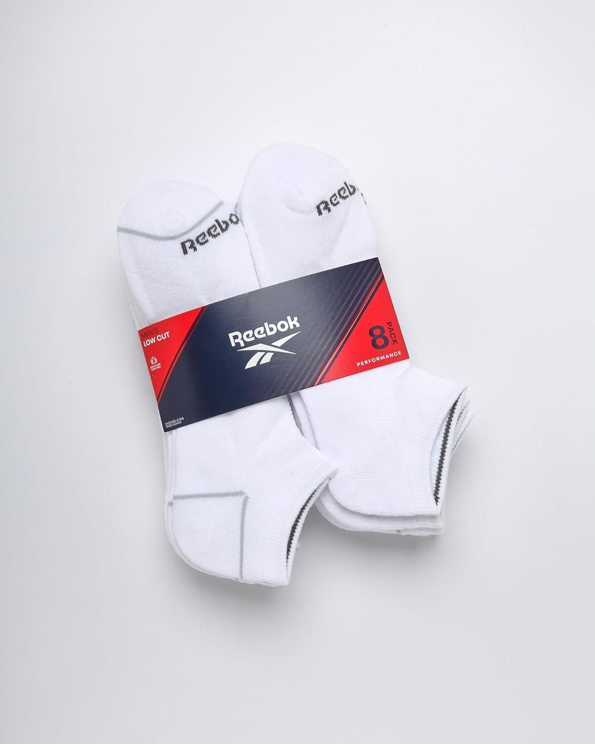 imageReebok Mens Low Cut Socks  8 Pack Stretch Performance Basic No Show  Flat Athletic Socks for Men Shoe Size 6125All White