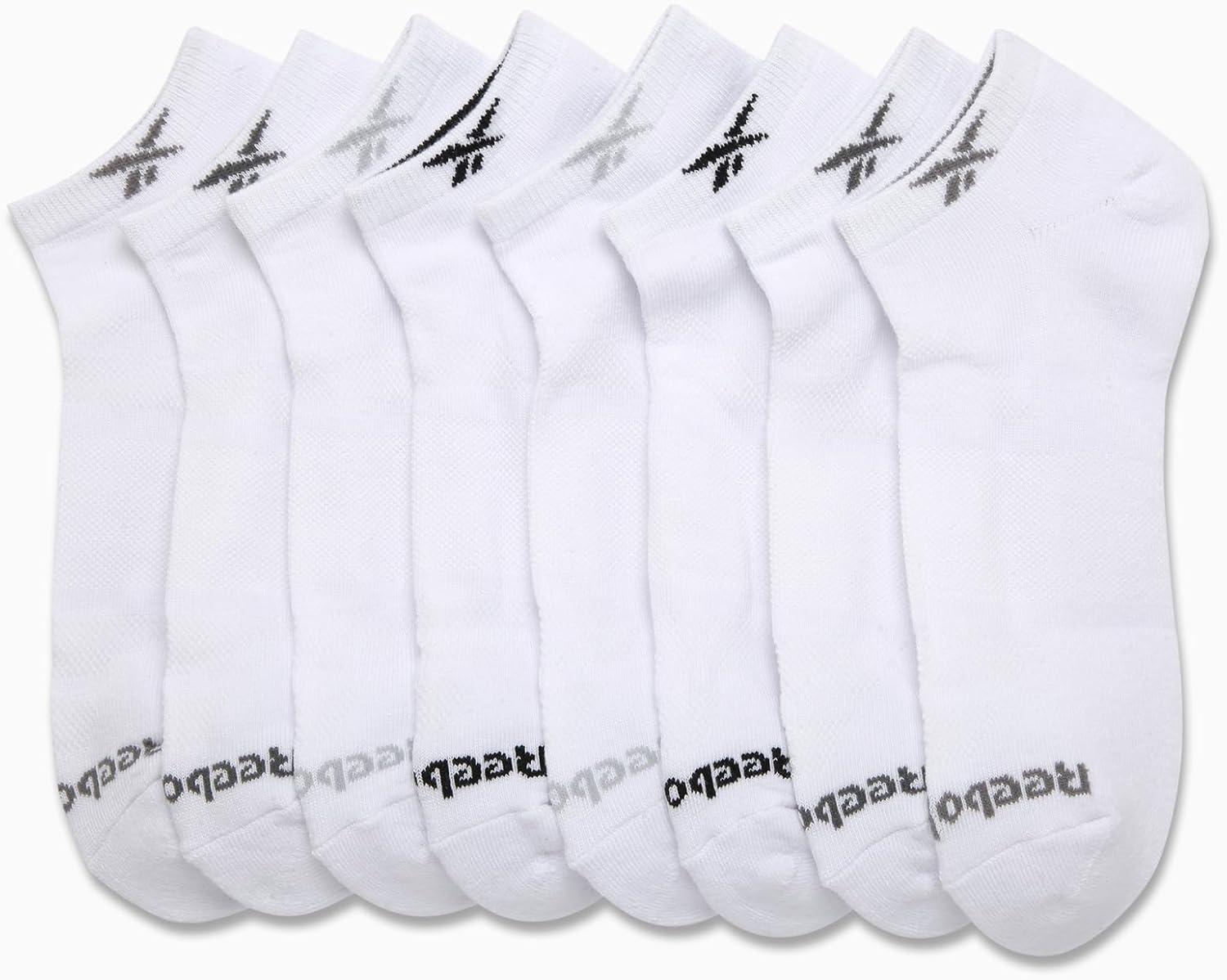 imageReebok Mens Low Cut Socks  8 Pack Stretch Performance Basic No Show  Flat Athletic Socks for Men Shoe Size 6125White Logo