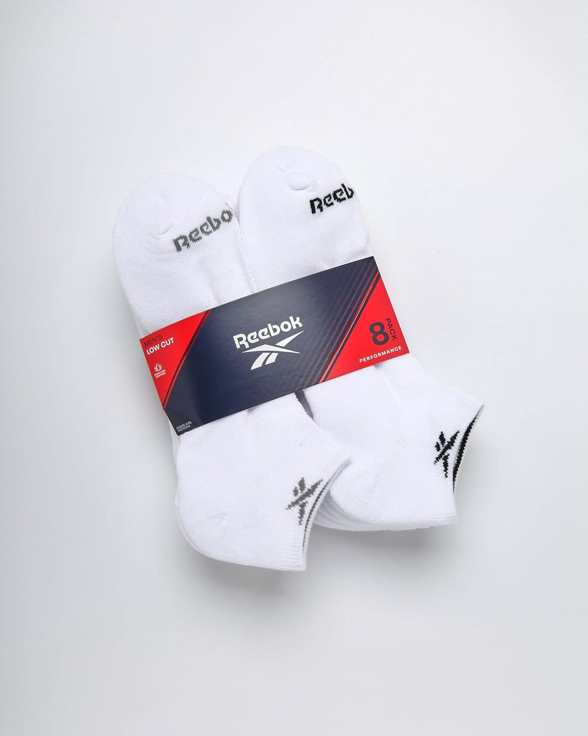 imageReebok Mens Low Cut Socks  8 Pack Stretch Performance Basic No Show  Flat Athletic Socks for Men Shoe Size 6125White Logo