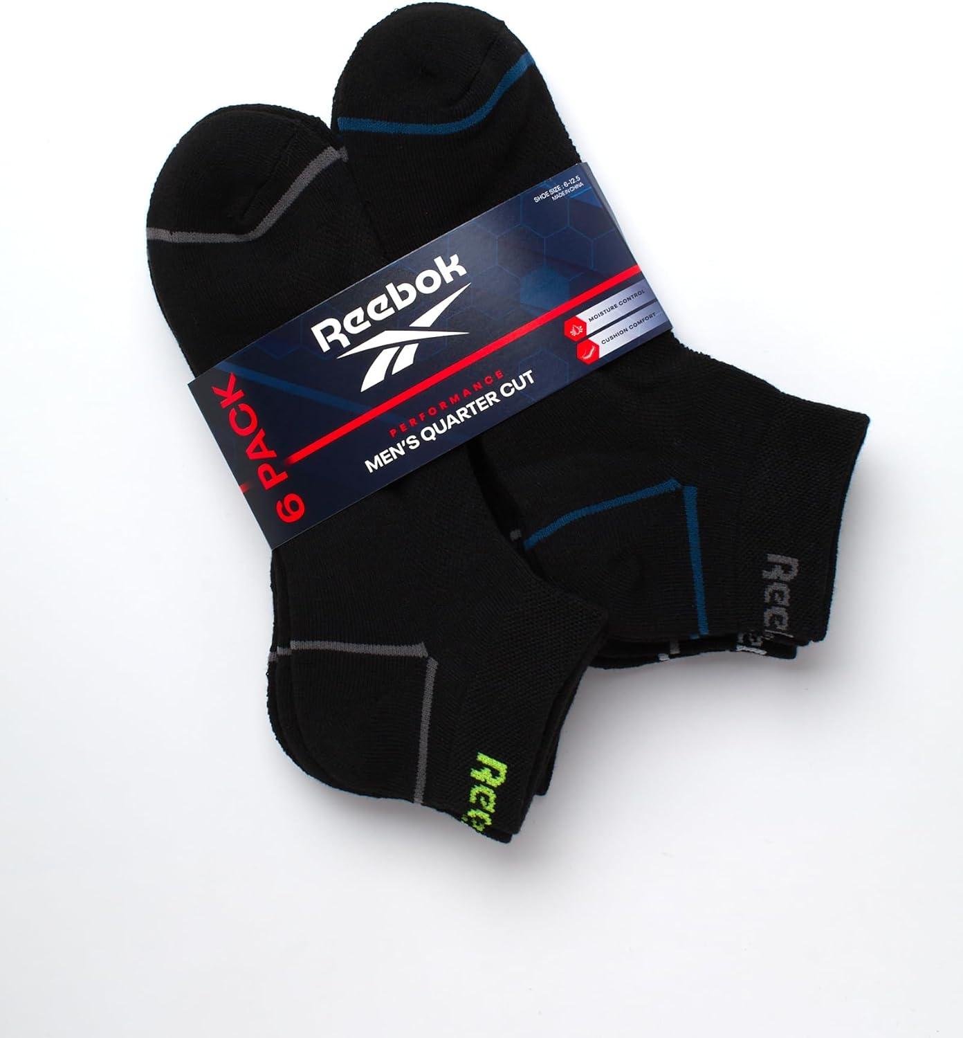 imageReebok Mens Quarter Socks  6 Pack Moisture Wicking Performance Stretch Athletic Ankle Socks for Men Sizes 6125All Black