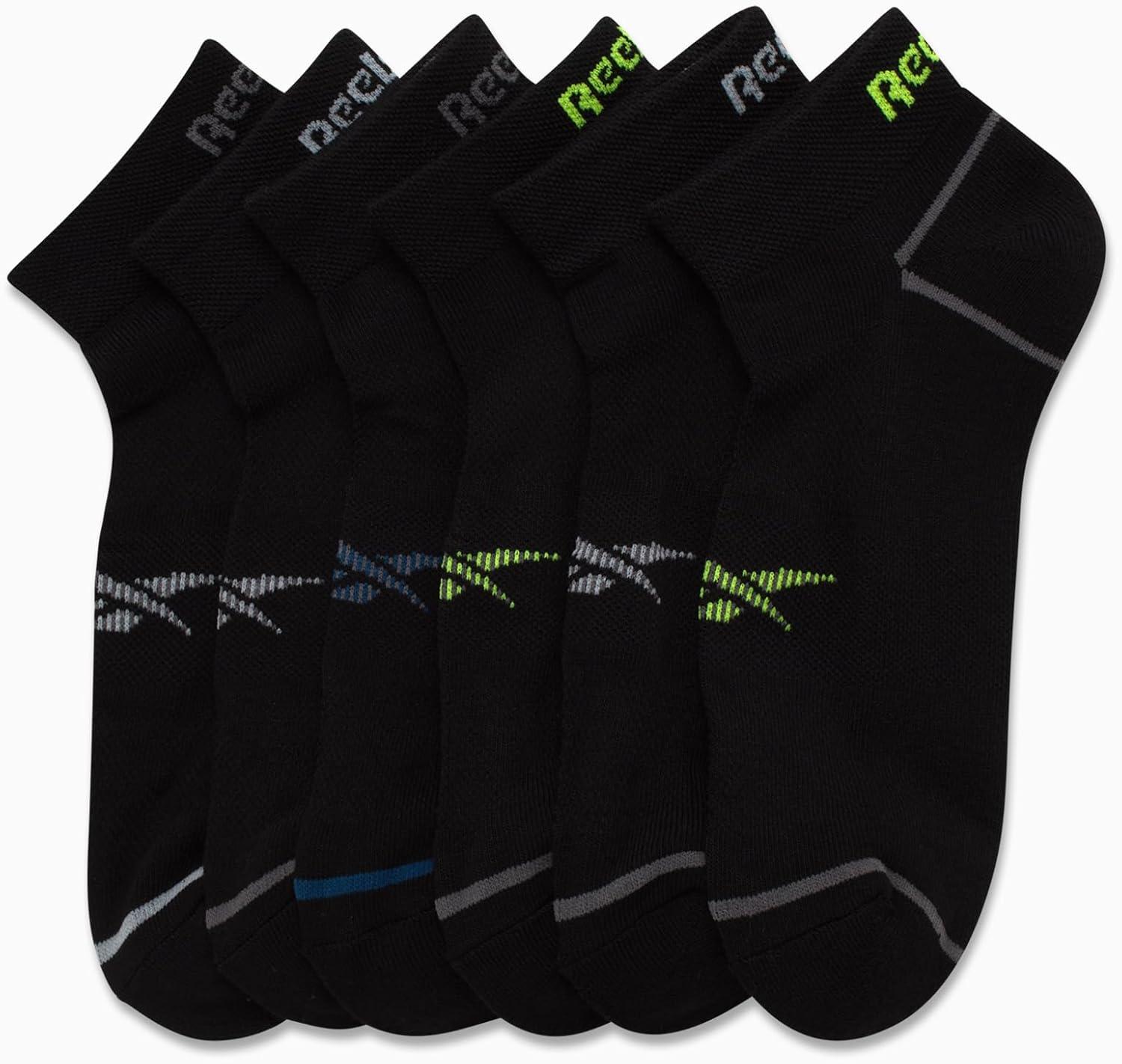 imageReebok Mens Quarter Socks  6 Pack Moisture Wicking Performance Stretch Athletic Ankle Socks for Men Sizes 6125All Black