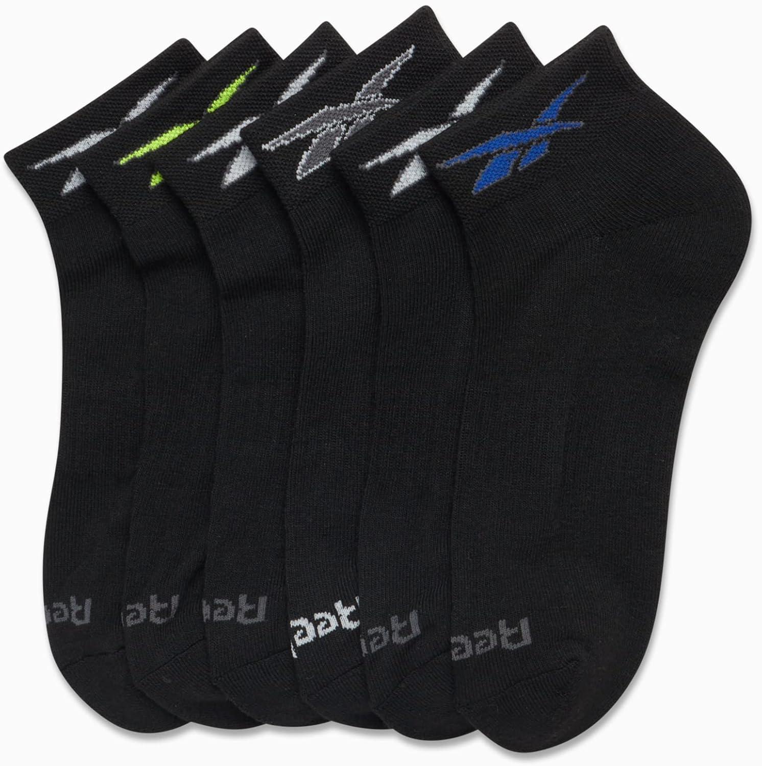 imageReebok Mens Quarter Socks  6 Pack Moisture Wicking Performance Stretch Athletic Ankle Socks for Men Sizes 6125Black Logo Multi