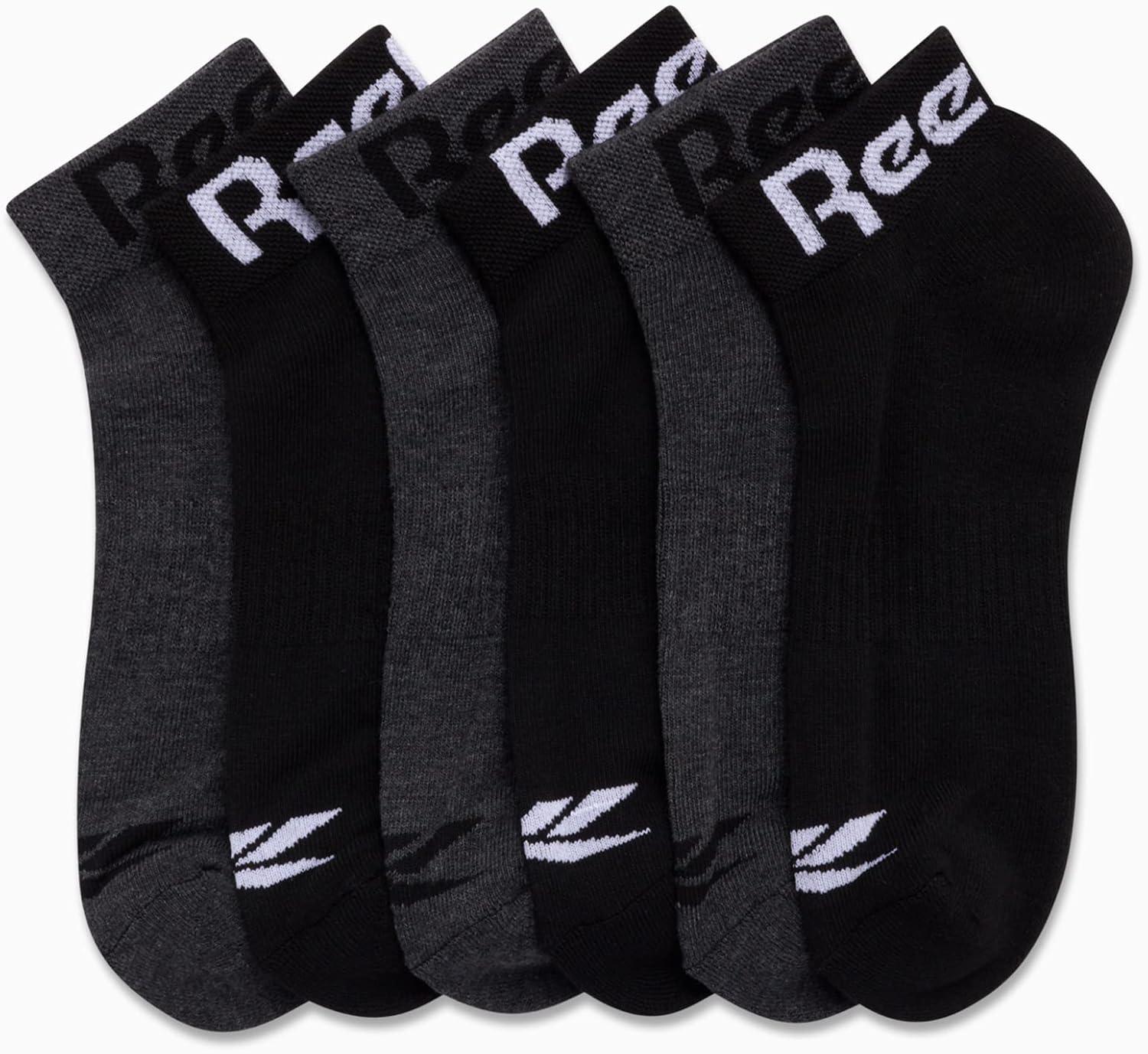 imageReebok Mens Quarter Socks  6 Pack Moisture Wicking Performance Stretch Athletic Ankle Socks for Men Sizes 6125BlackGrey Logo