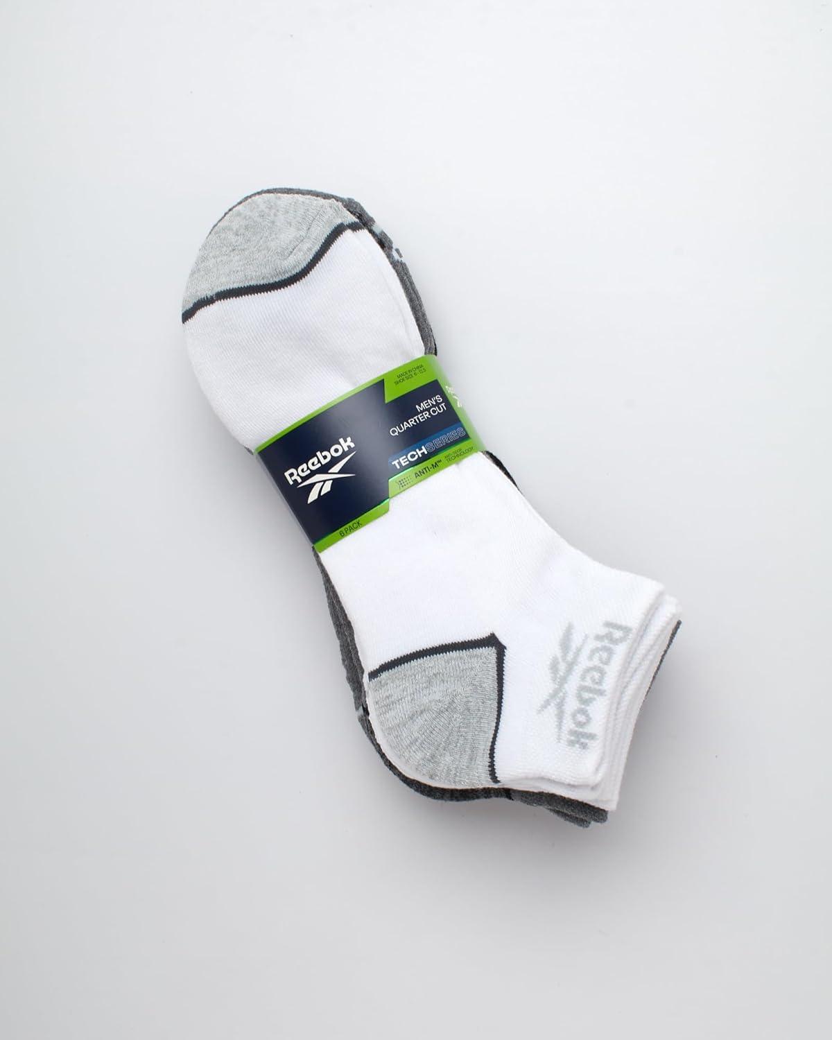 imageReebok Mens Quarter Socks  6 Pack Moisture Wicking Performance Stretch Athletic Ankle Socks for Men Sizes 6125BlackGreyWhite