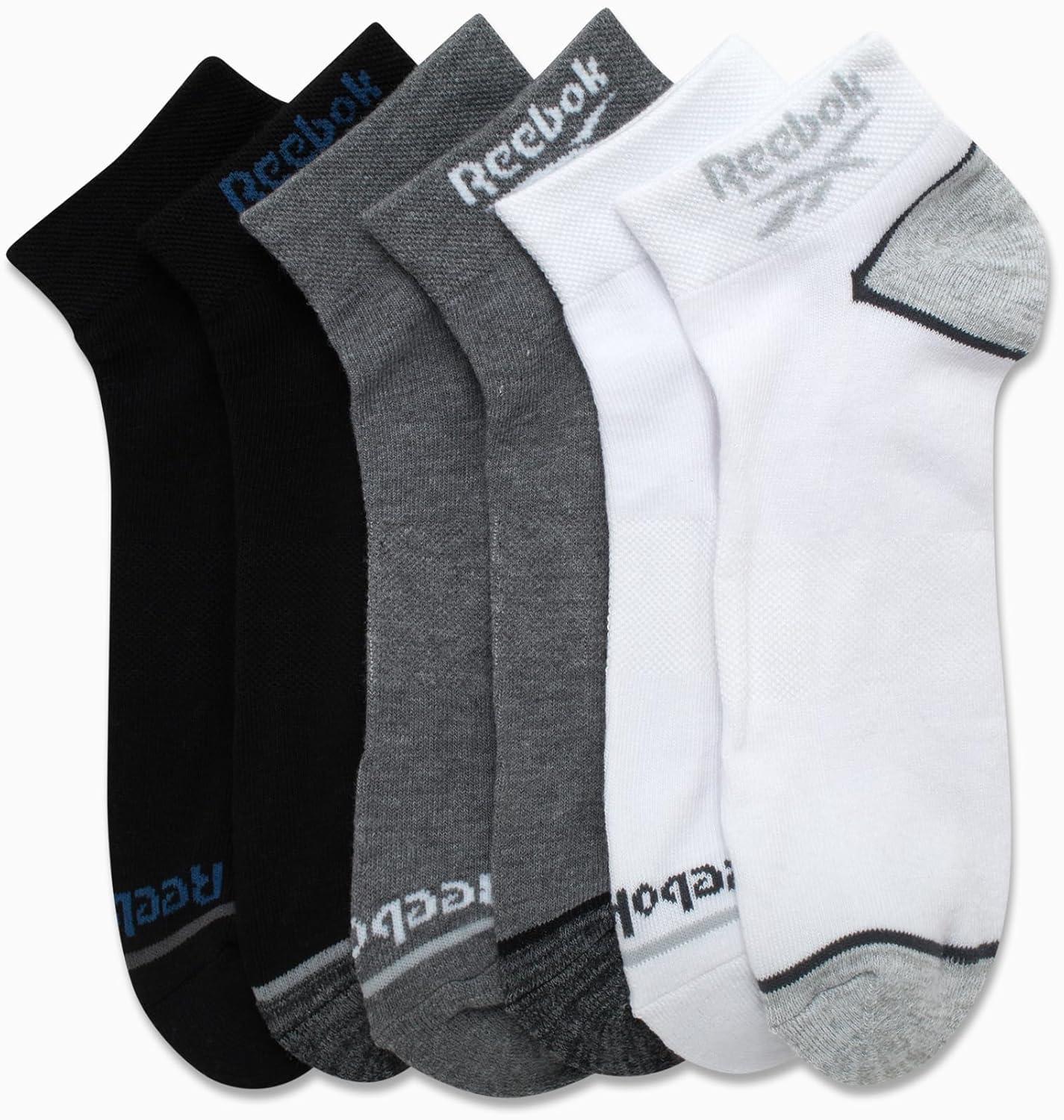imageReebok Mens Quarter Socks  6 Pack Moisture Wicking Performance Stretch Athletic Ankle Socks for Men Sizes 6125BlackGreyWhite