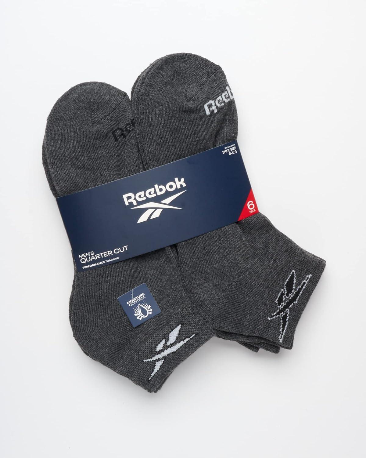 imageReebok Mens Quarter Socks  6 Pack Moisture Wicking Performance Stretch Athletic Ankle Socks for Men Sizes 6125Grey Logo