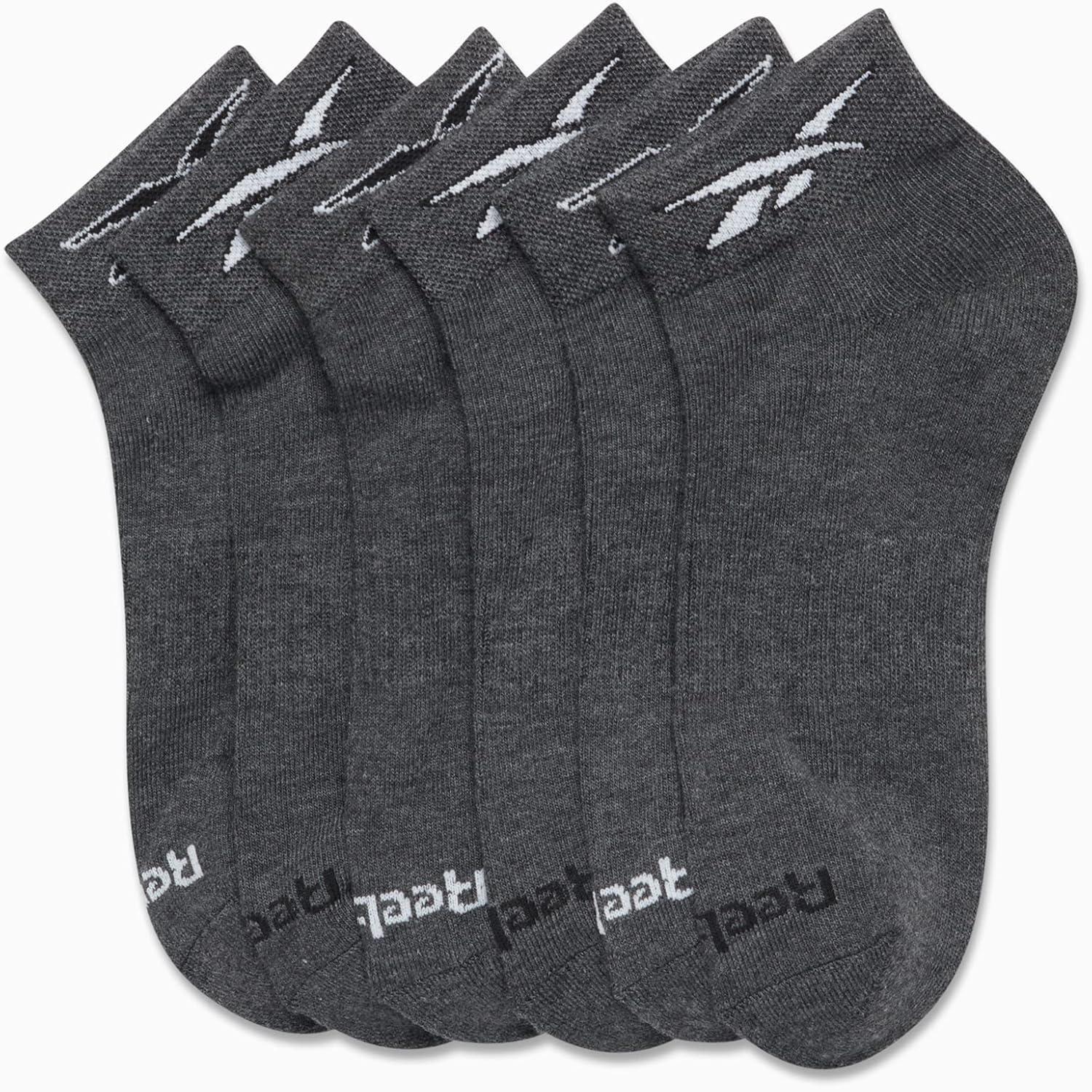 imageReebok Mens Quarter Socks  6 Pack Moisture Wicking Performance Stretch Athletic Ankle Socks for Men Sizes 6125Grey Logo