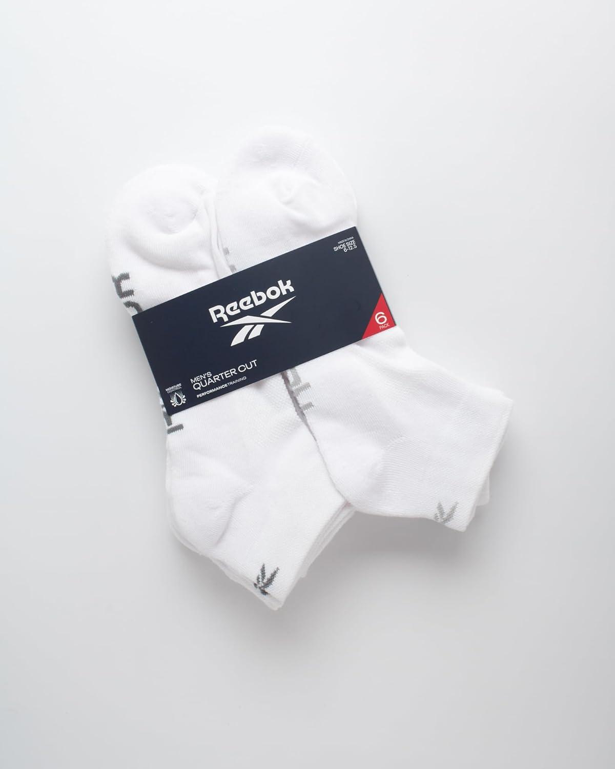 imageReebok Mens Quarter Socks  6 Pack Moisture Wicking Performance Stretch Athletic Ankle Socks for Men Sizes 6125Pure White
