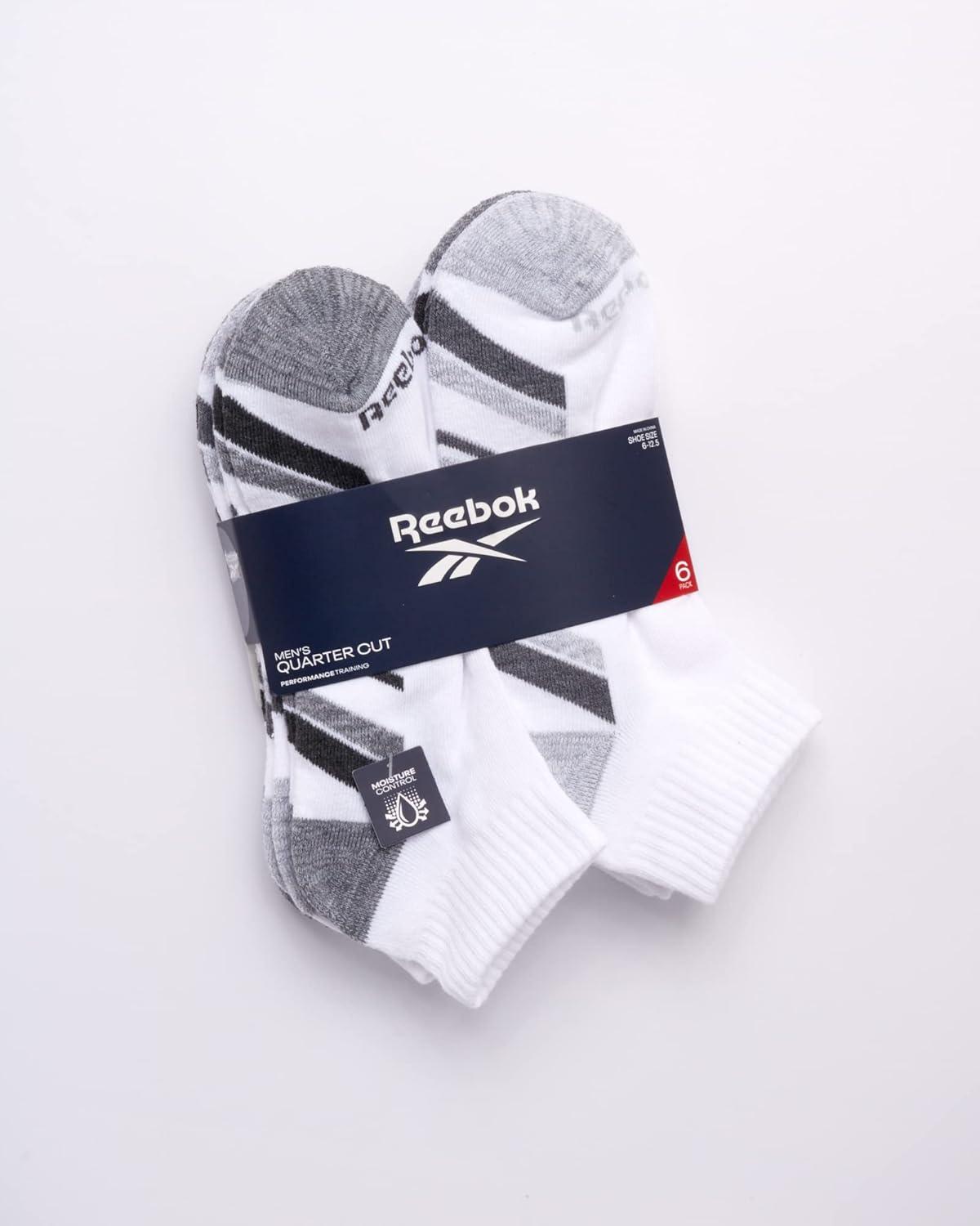 imageReebok Mens Quarter Socks  6 Pack Moisture Wicking Performance Stretch Athletic Ankle Socks for Men Sizes 6125White