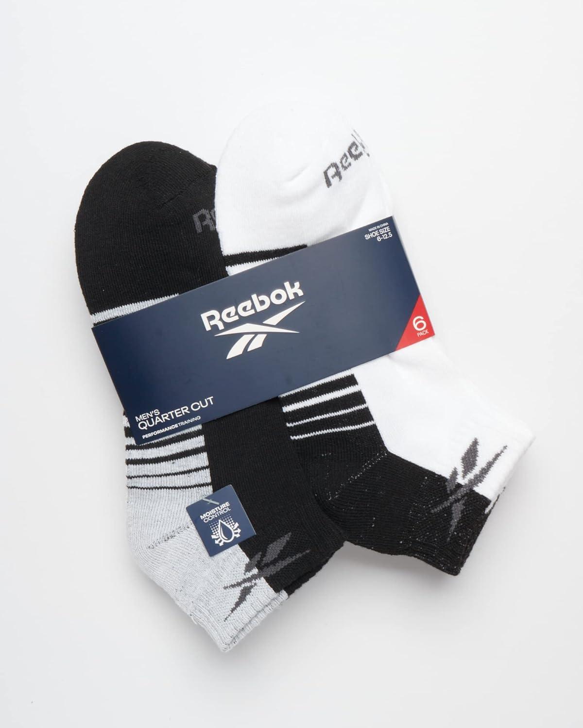 imageReebok Mens Quarter Socks  6 Pack Moisture Wicking Performance Stretch Athletic Ankle Socks for Men Sizes 6125WhiteBlack