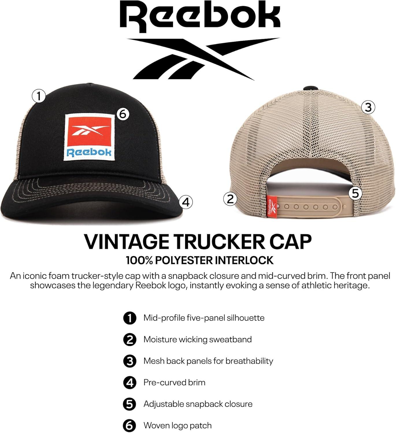 imageReebok Vintage Trucker Hat  Black Snapback Closure Mesh Backpanels FivePanel Design